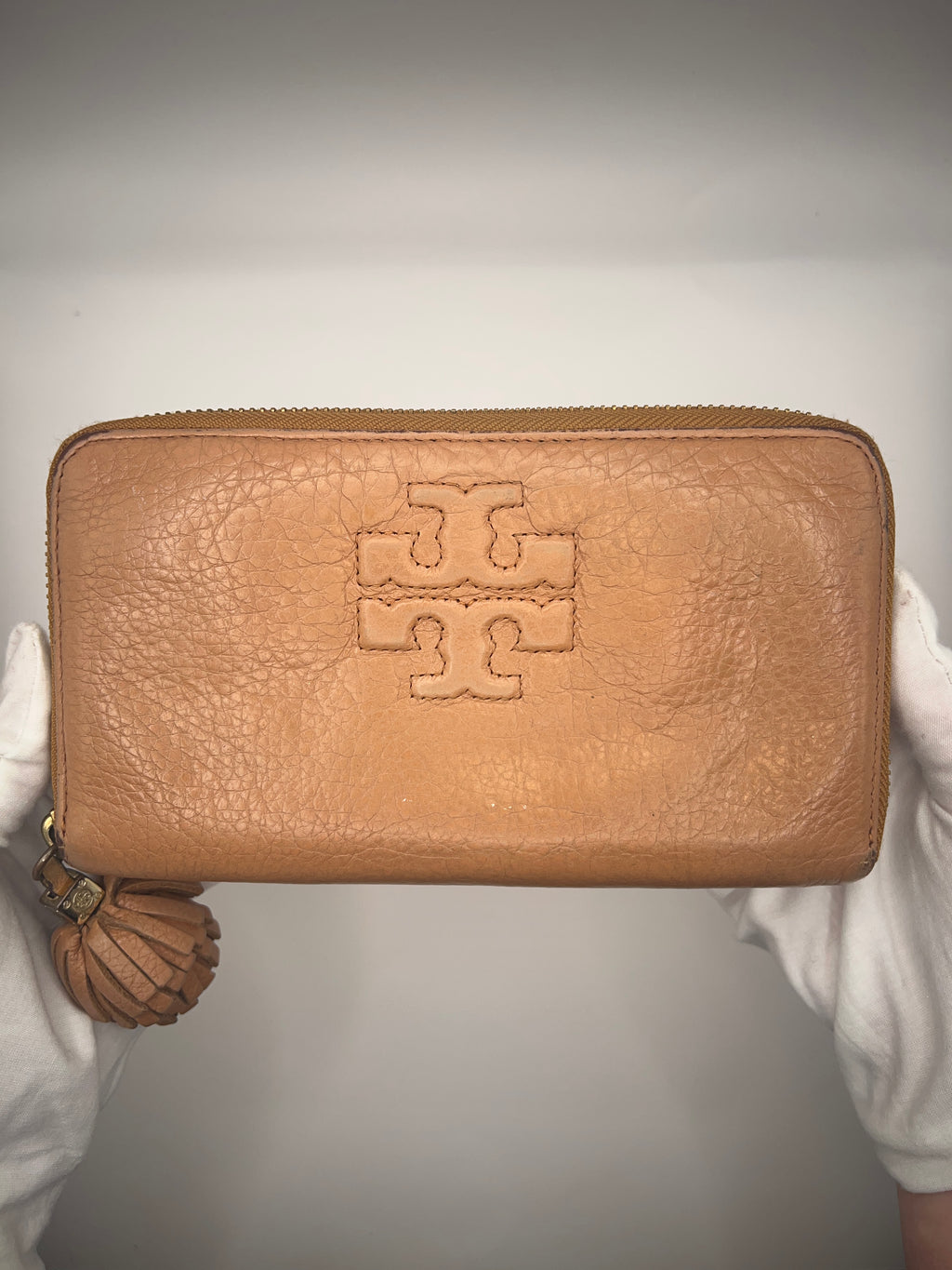 Tory Burch Pebbled Leather Tassel Zip Wallet