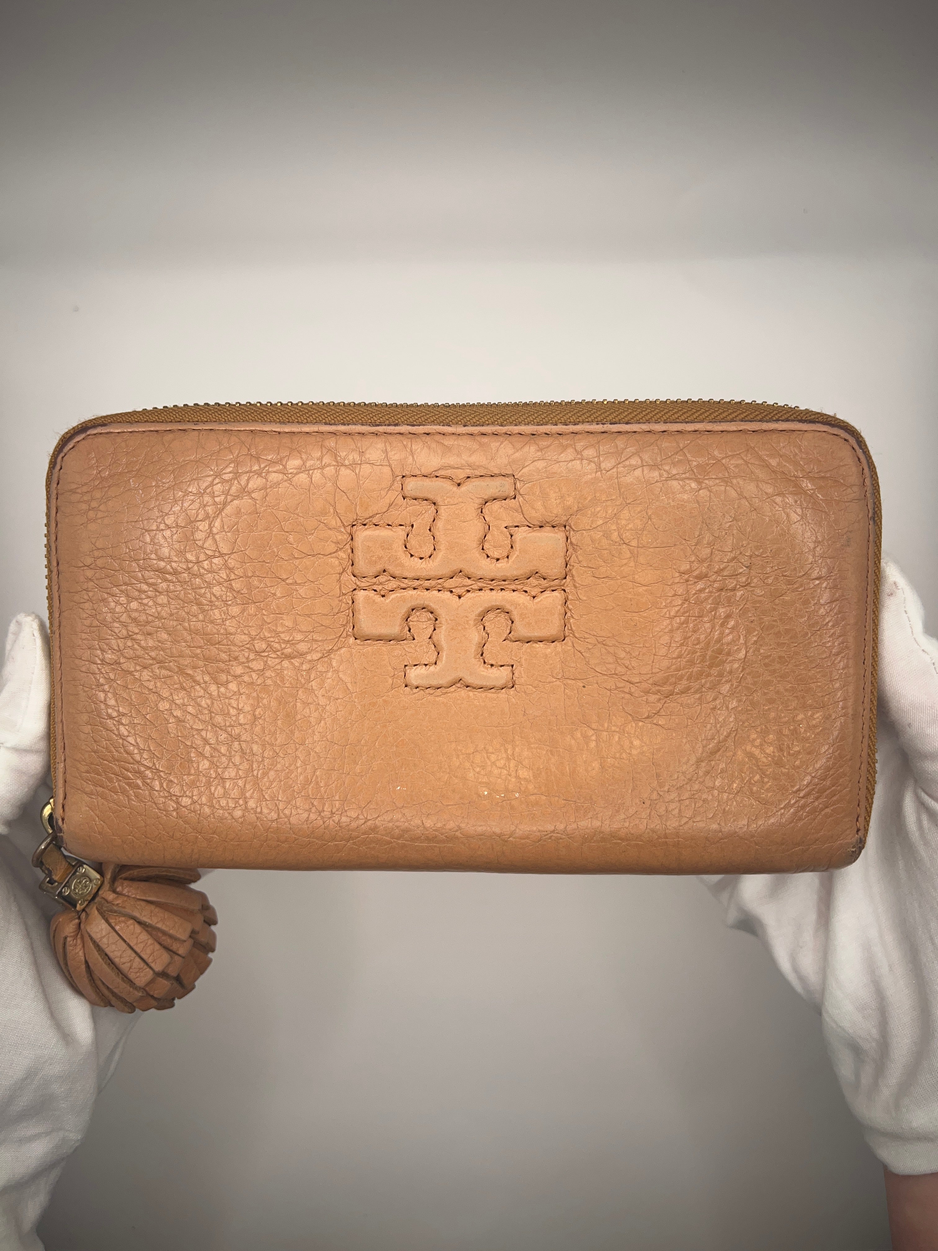 Tory Burch Pebbled Leather Tassel Zip Wallet