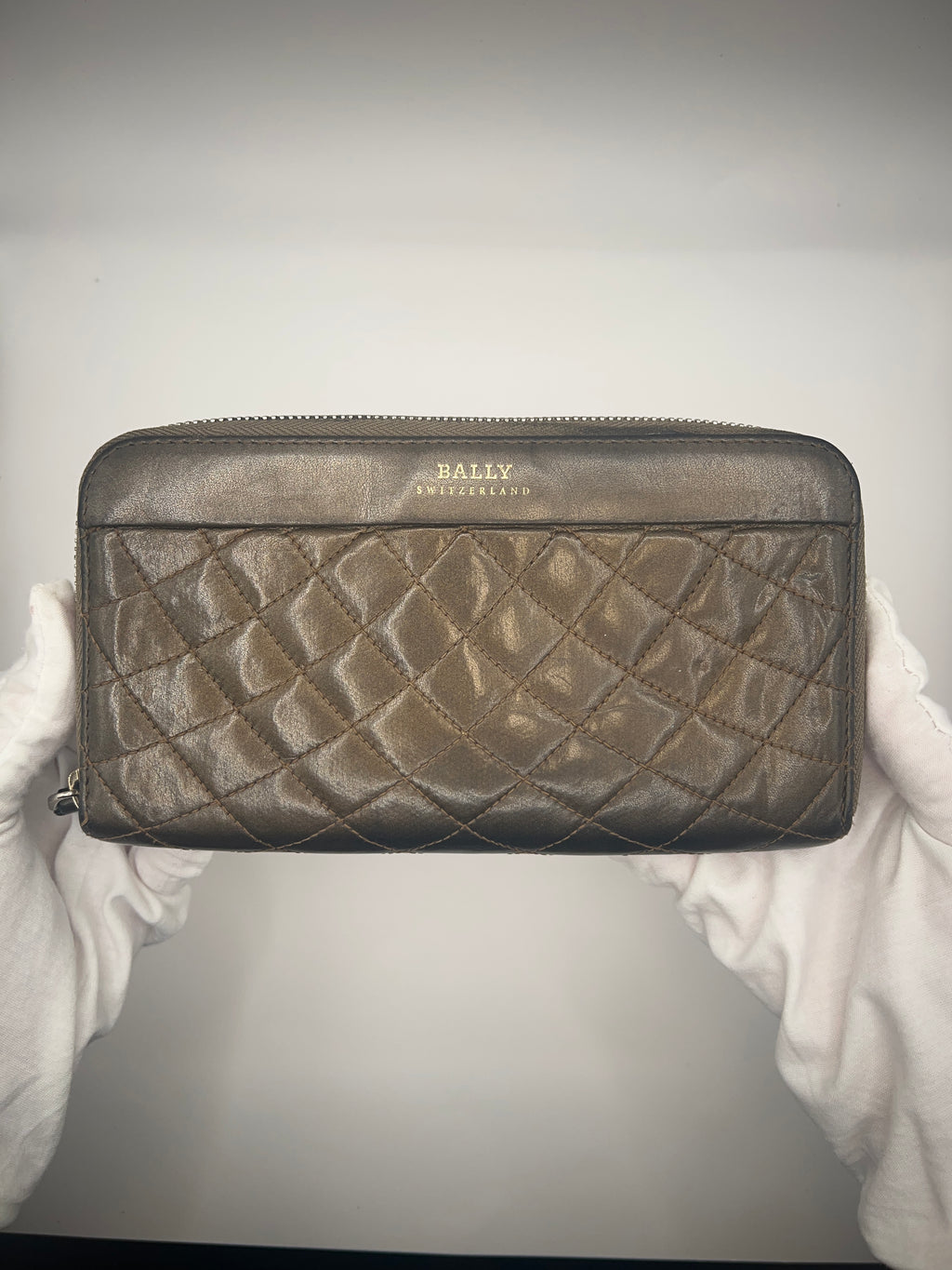 Bally Quilted Leather Zip Wallet (Brown)