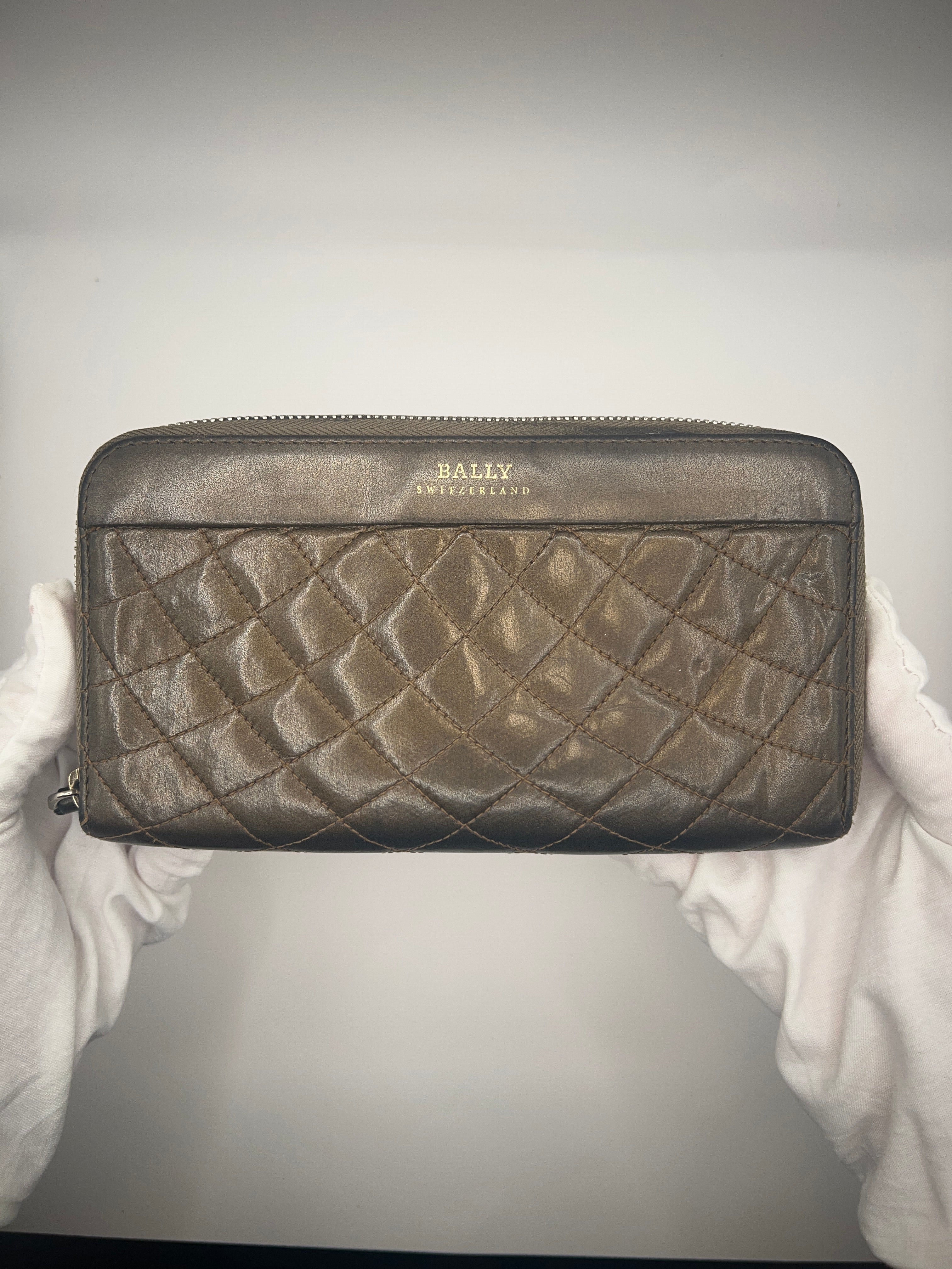 Bally Quilted Leather Zip Wallet (Brown)