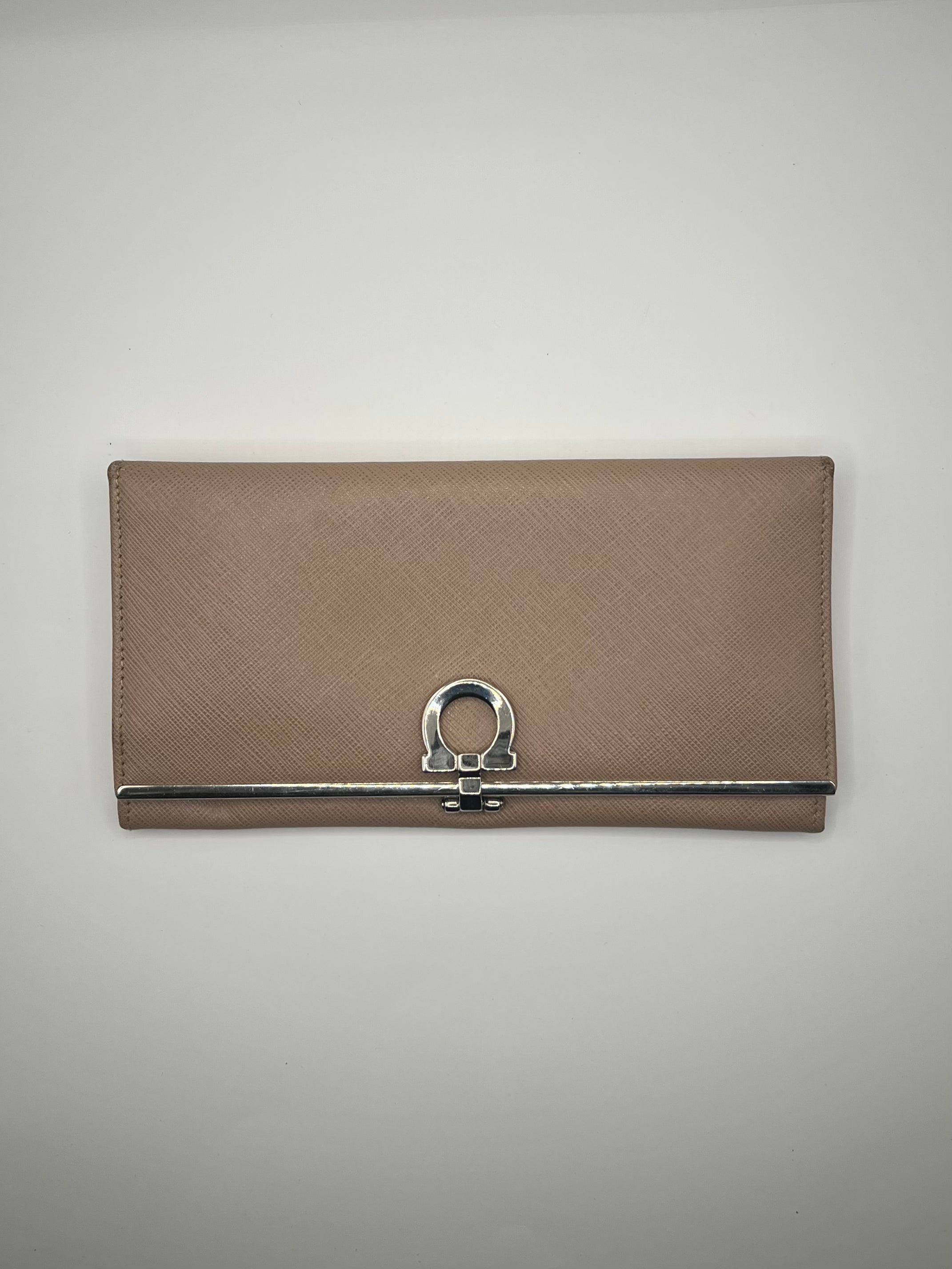 Salvatore Ferragamo Beige Saffiano Leather Gancini Wallet