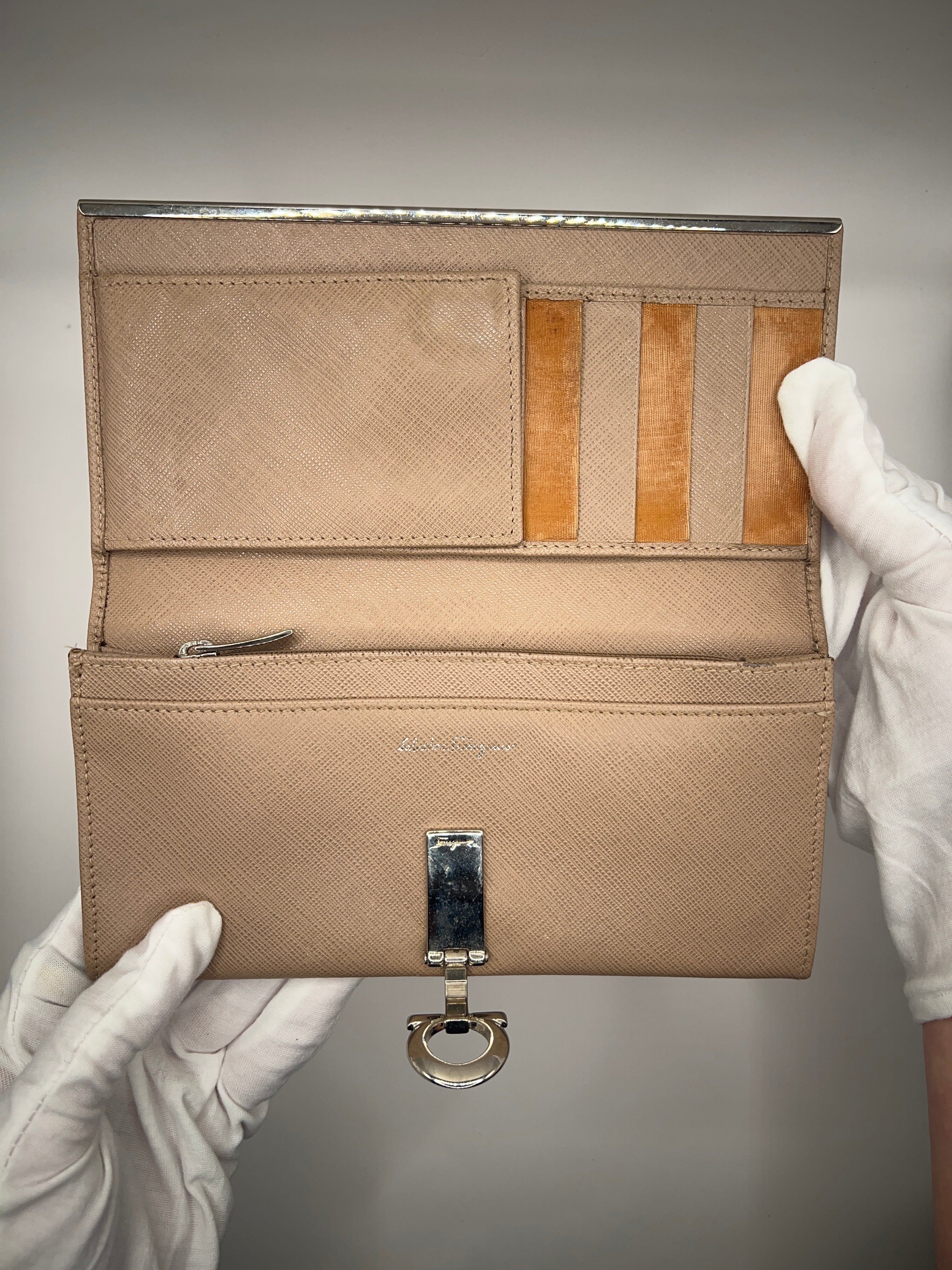 Salvatore Ferragamo Beige Saffiano Leather Gancini Wallet