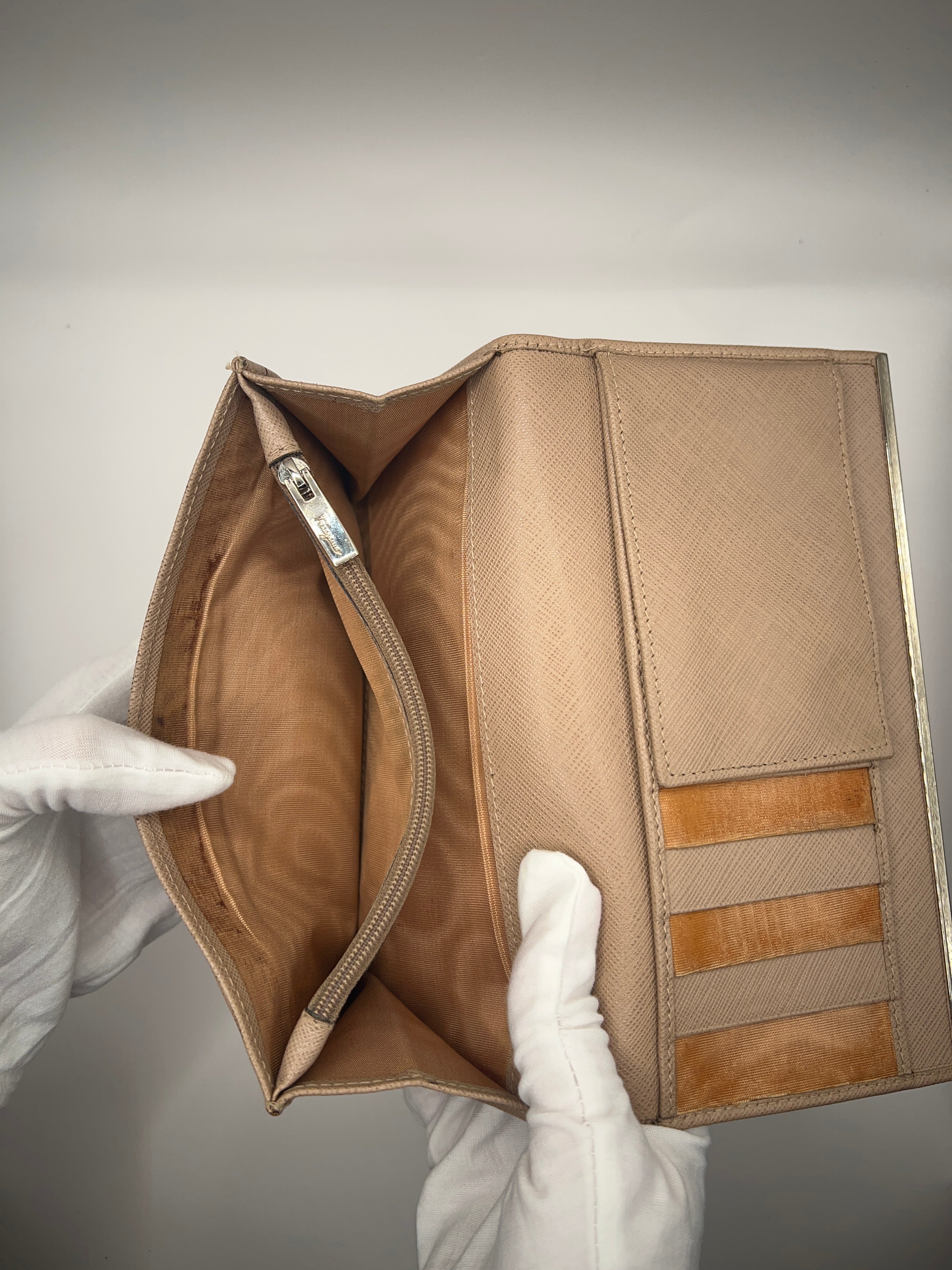 Salvatore Ferragamo Beige Saffiano Leather Gancini Wallet