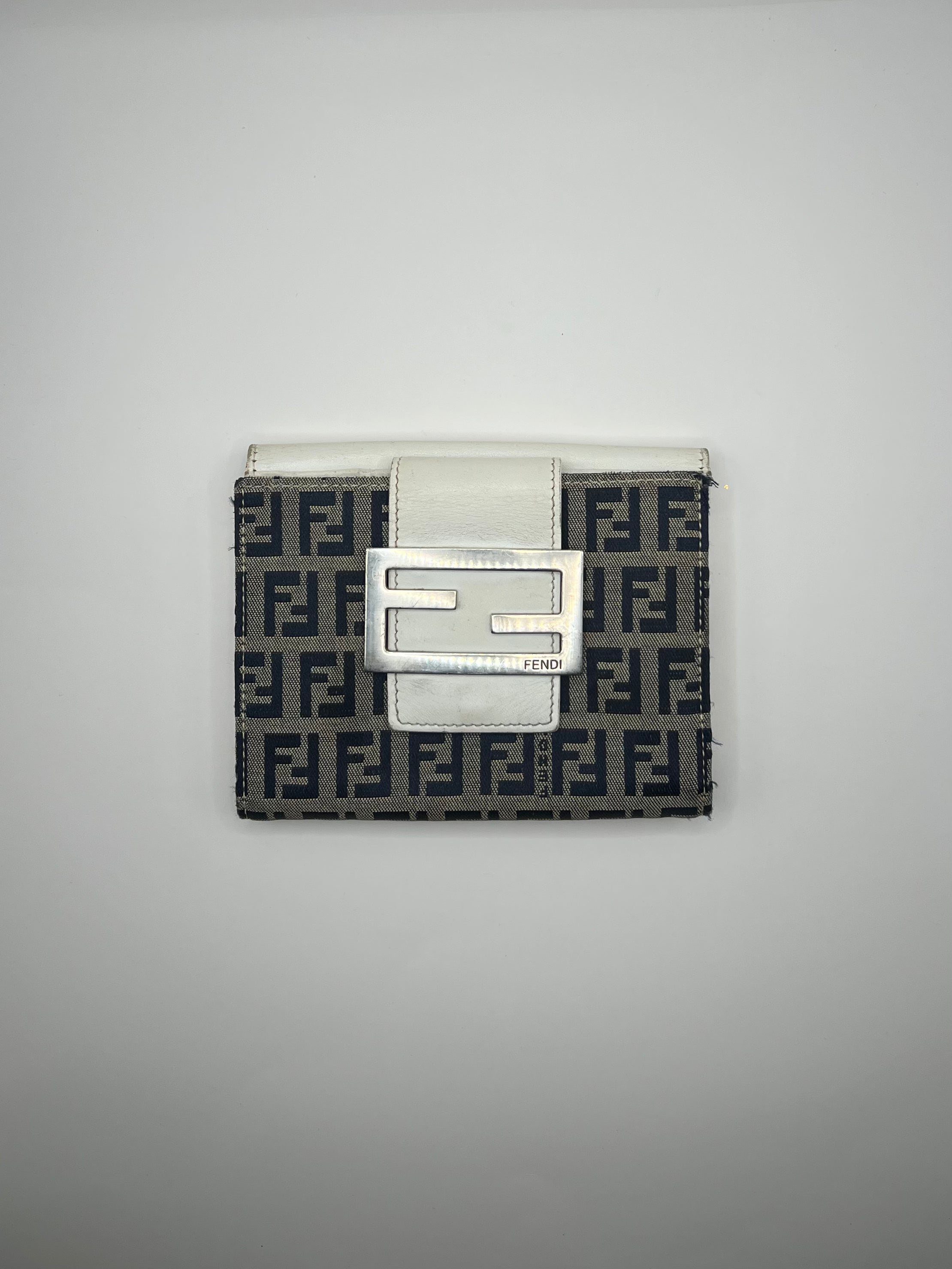 Fendi Zucca Canvas & White Leather Tri-Fold Wallet