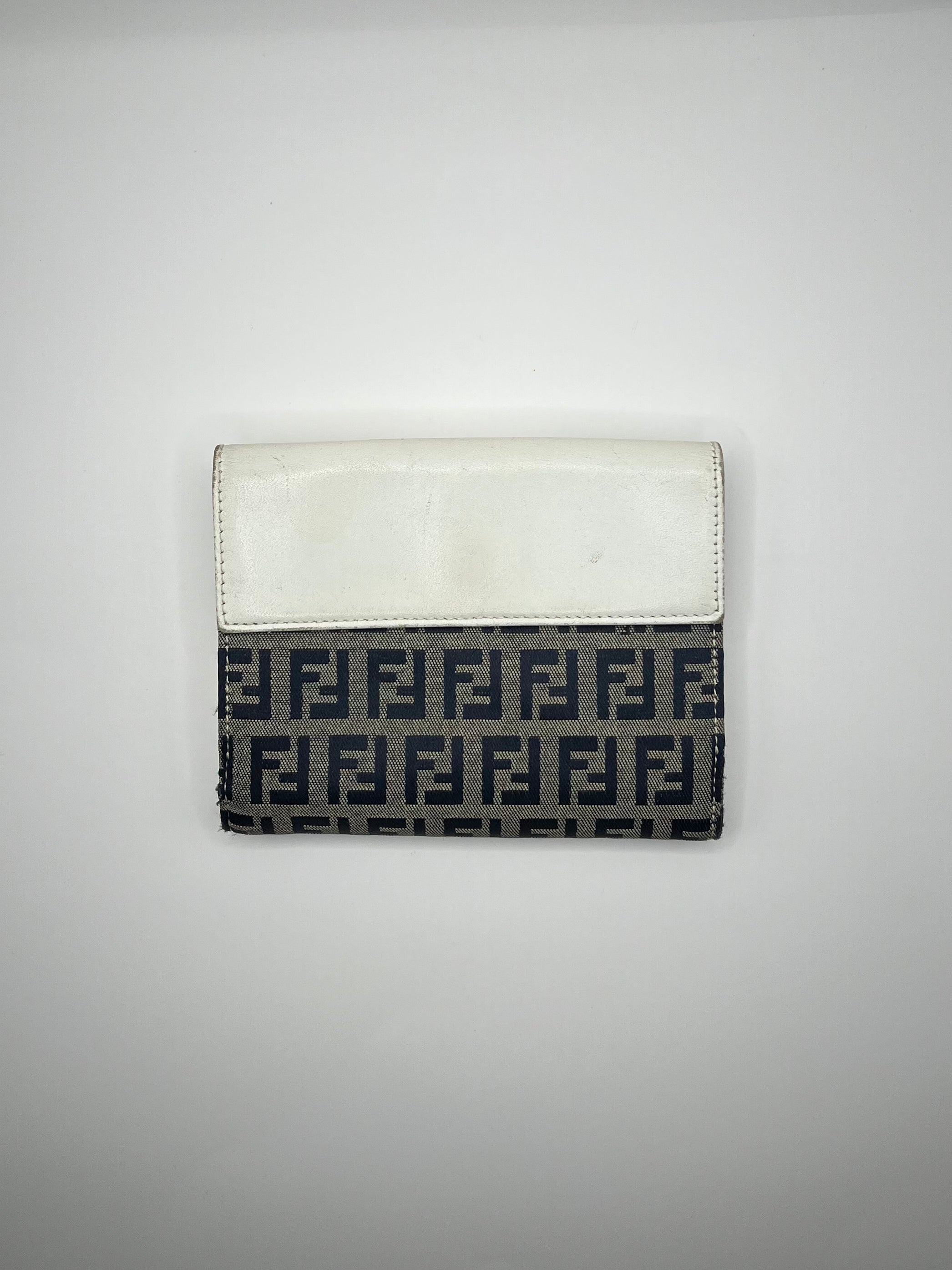 Fendi Zucca Canvas & White Leather Tri-Fold Wallet