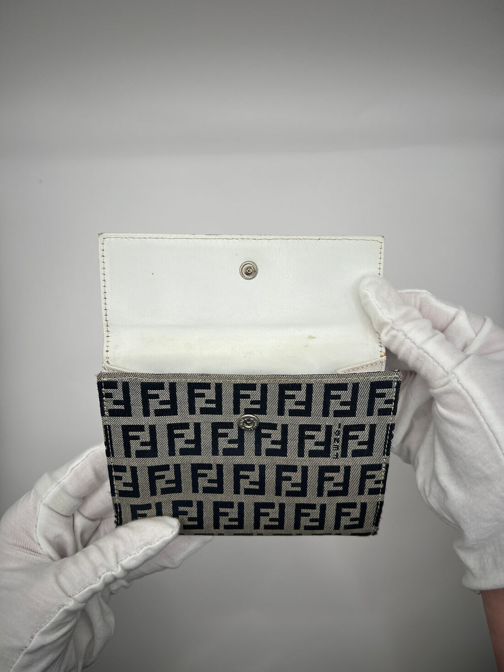 Fendi Zucca Canvas & White Leather Tri-Fold Wallet