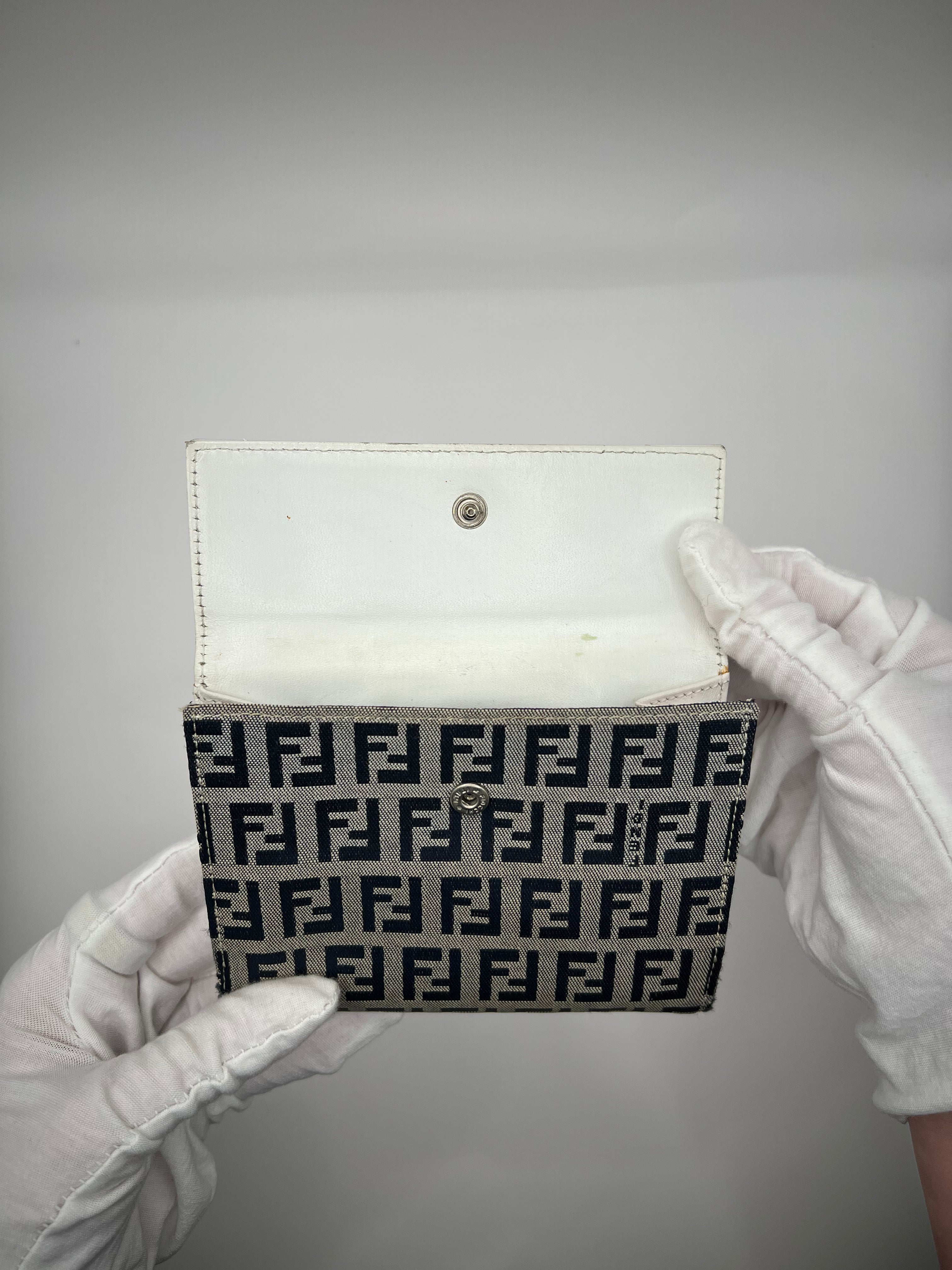 Fendi Zucca Canvas & White Leather Tri-Fold Wallet
