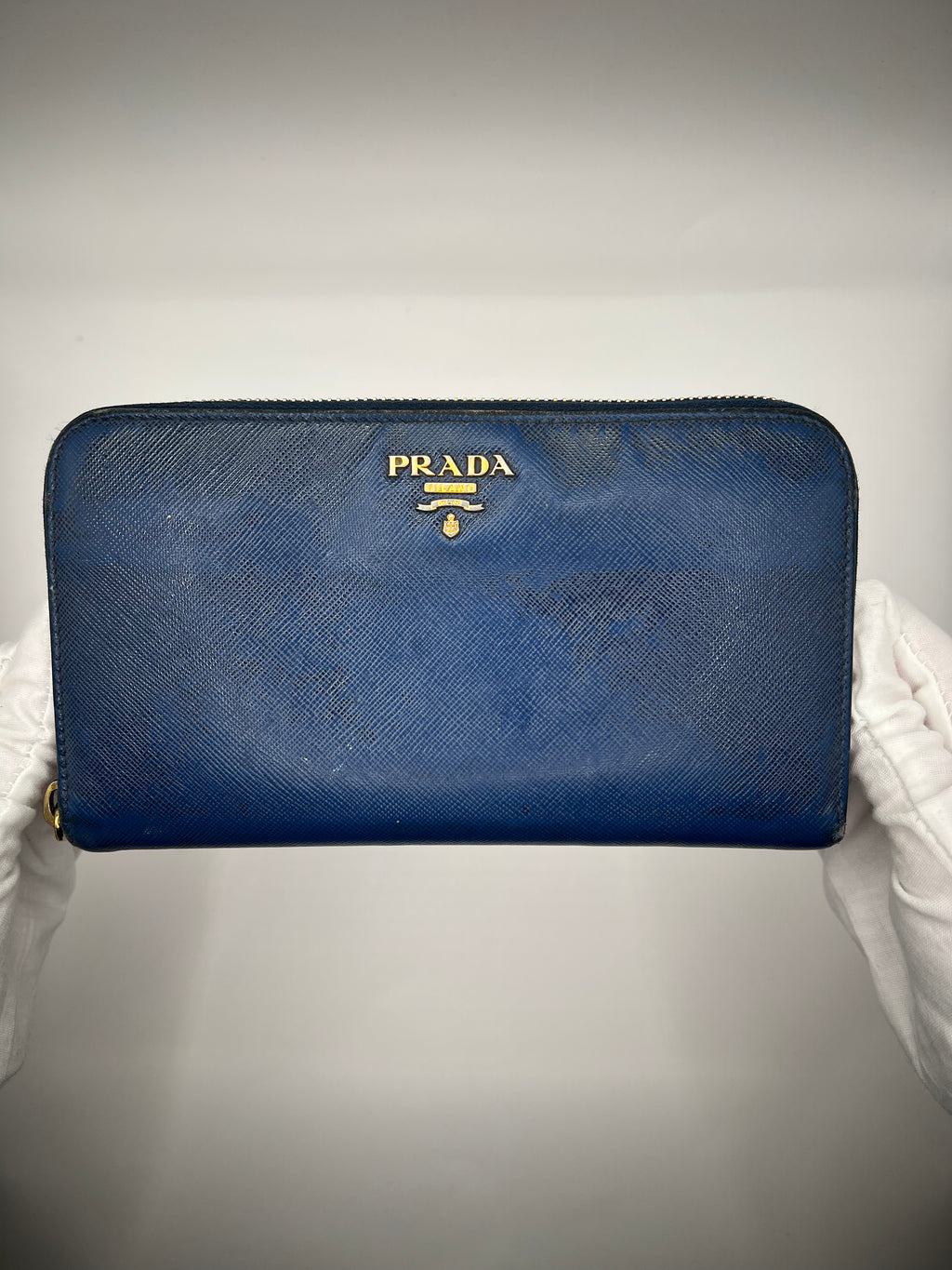 Prada Saffiano Leather Zip-Around Wallet – Navy Blue