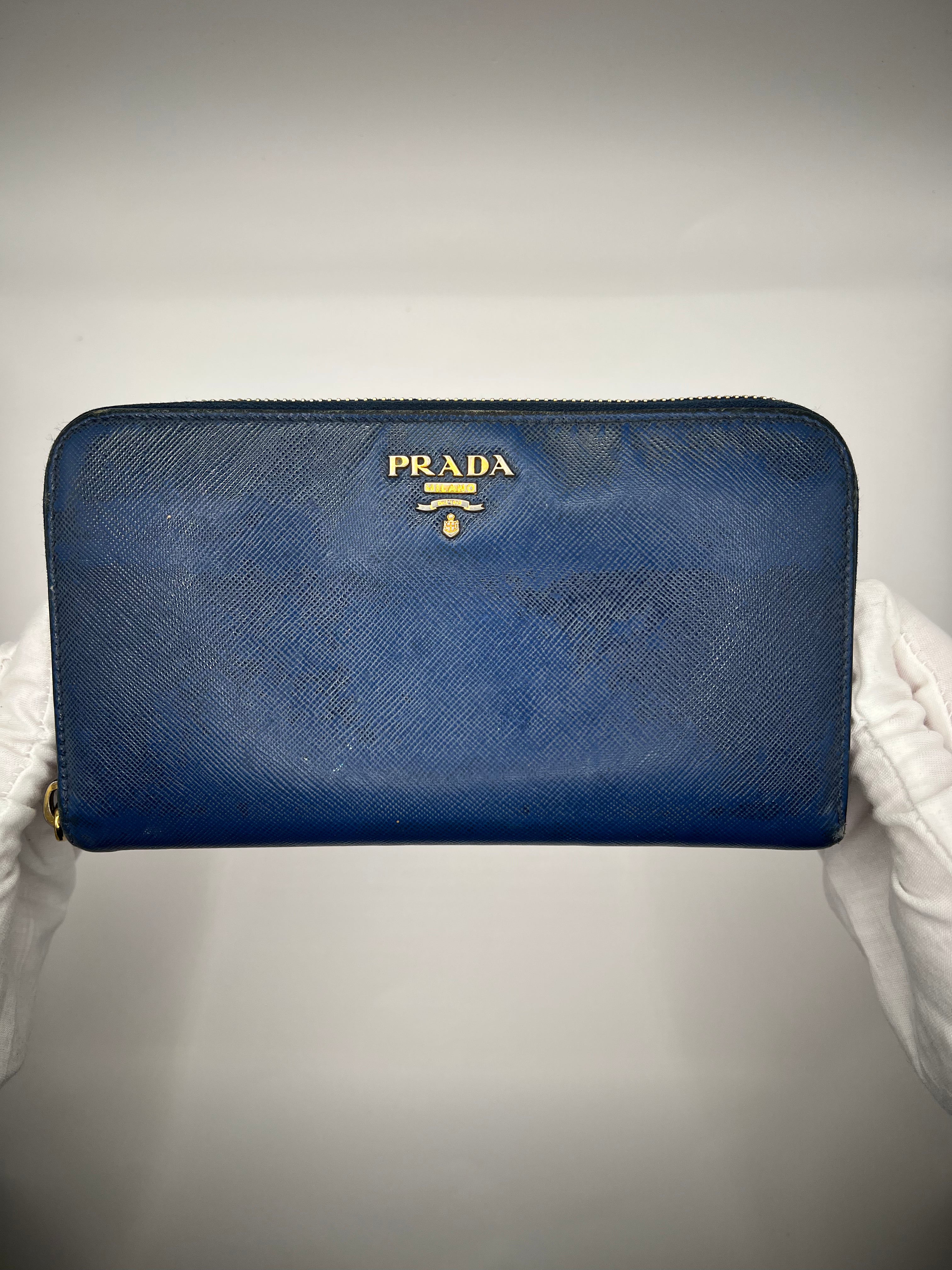 Prada Saffiano Leather Zip-Around Wallet – Navy Blue