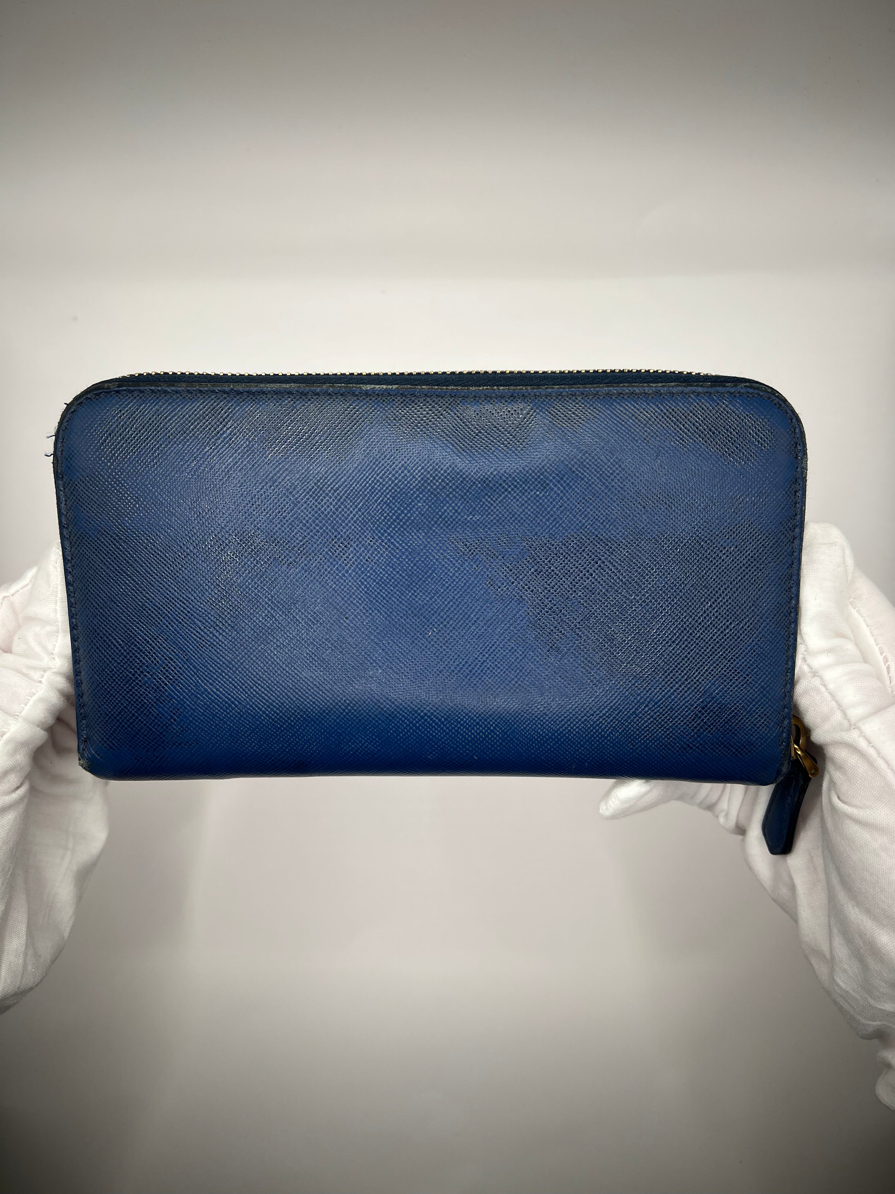 Prada Saffiano Leather Zip-Around Wallet – Navy Blue