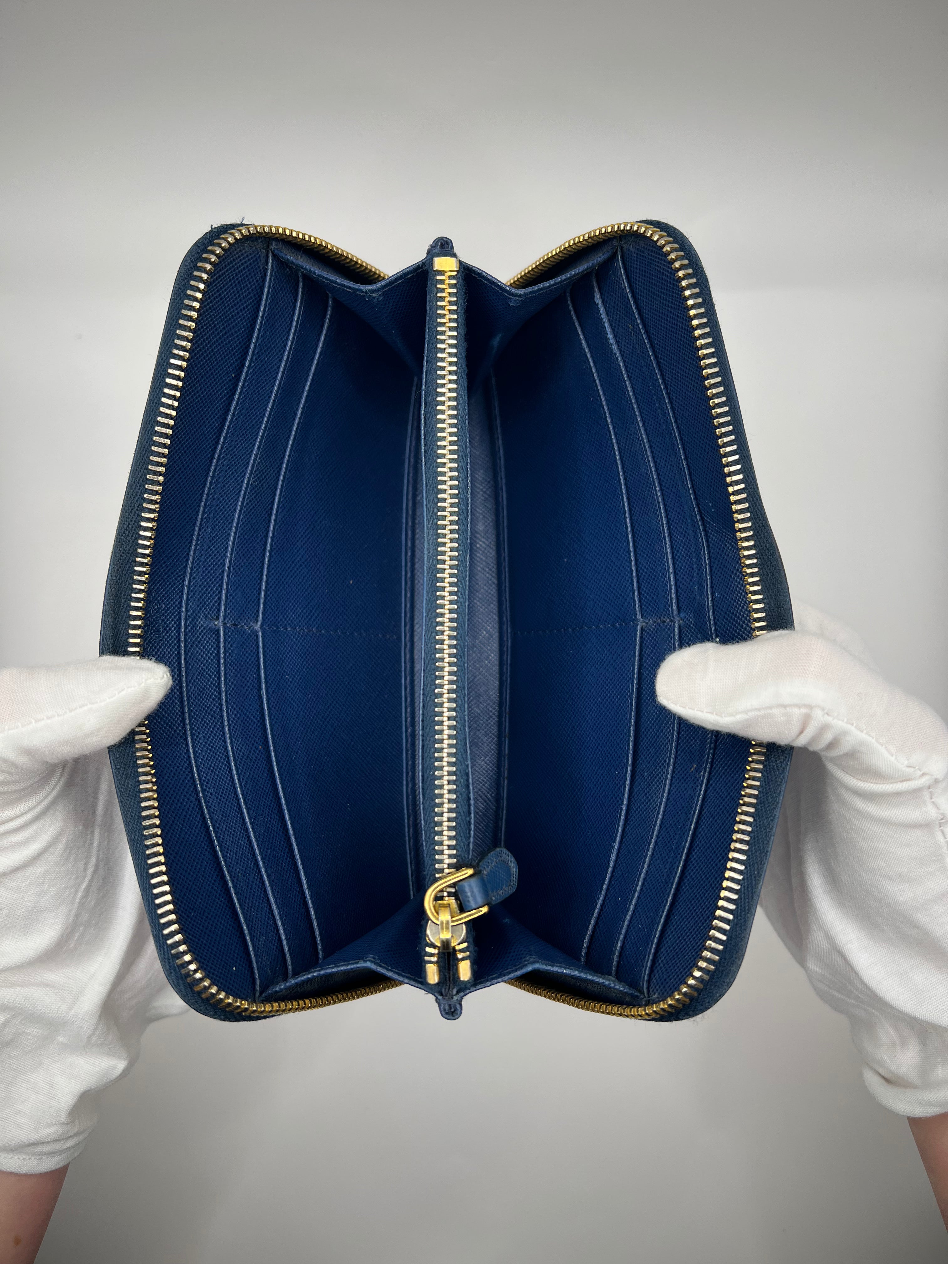 Prada Saffiano Leather Zip-Around Wallet – Navy Blue