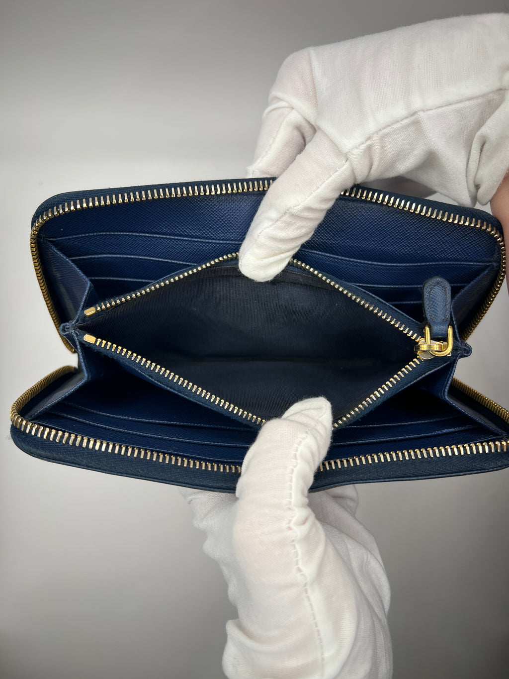 Prada Saffiano Leather Zip-Around Wallet – Navy Blue