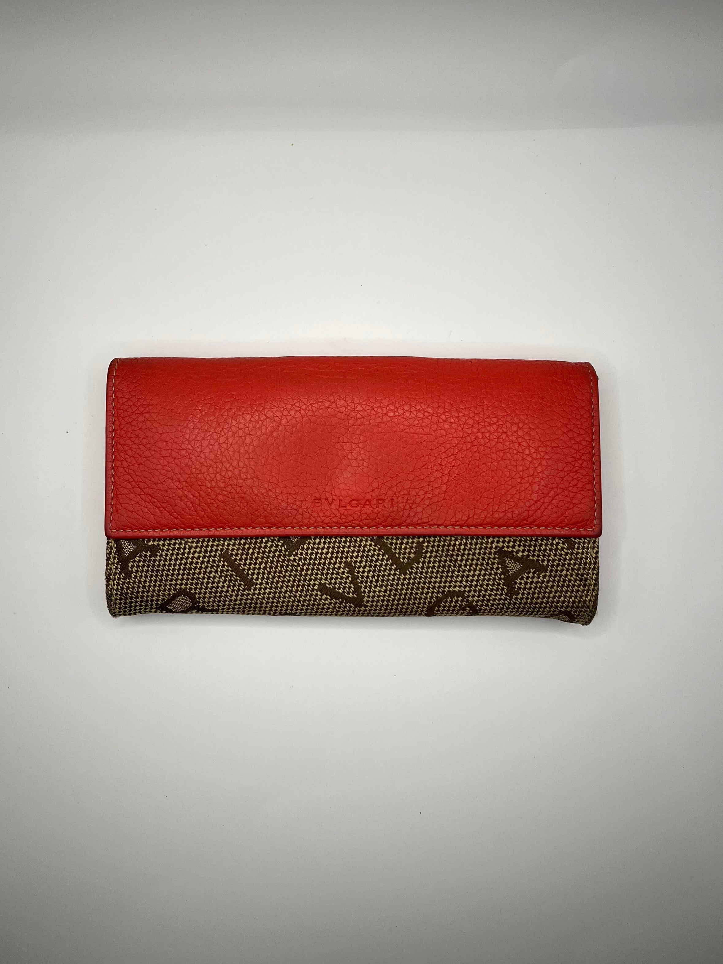 BVLGARI Logo Canvas & Red Leather Continental Wallet