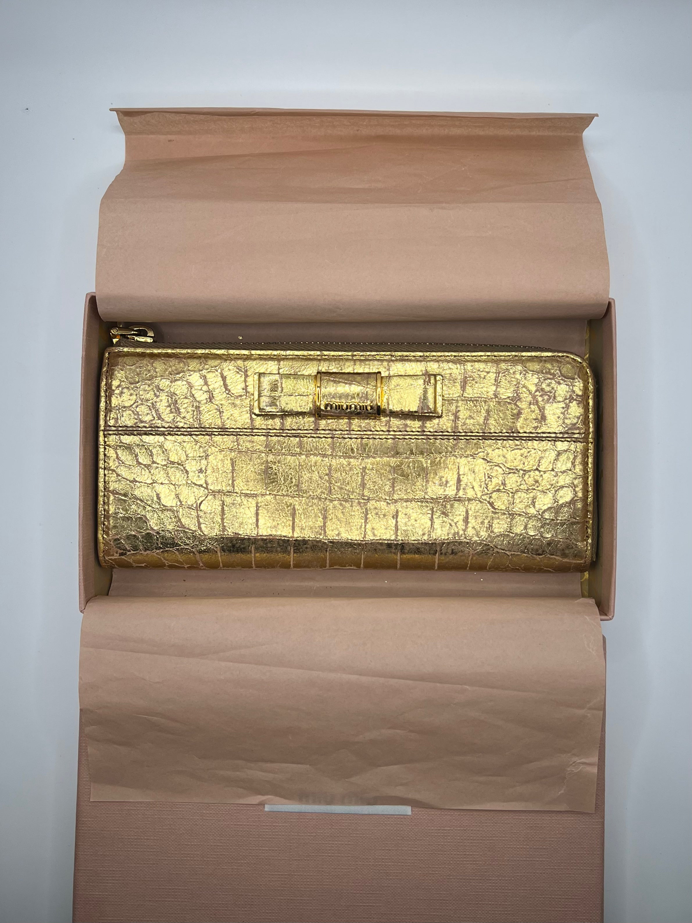 Miu Miu Gold Croc-Embossed Bow Zip Wallet