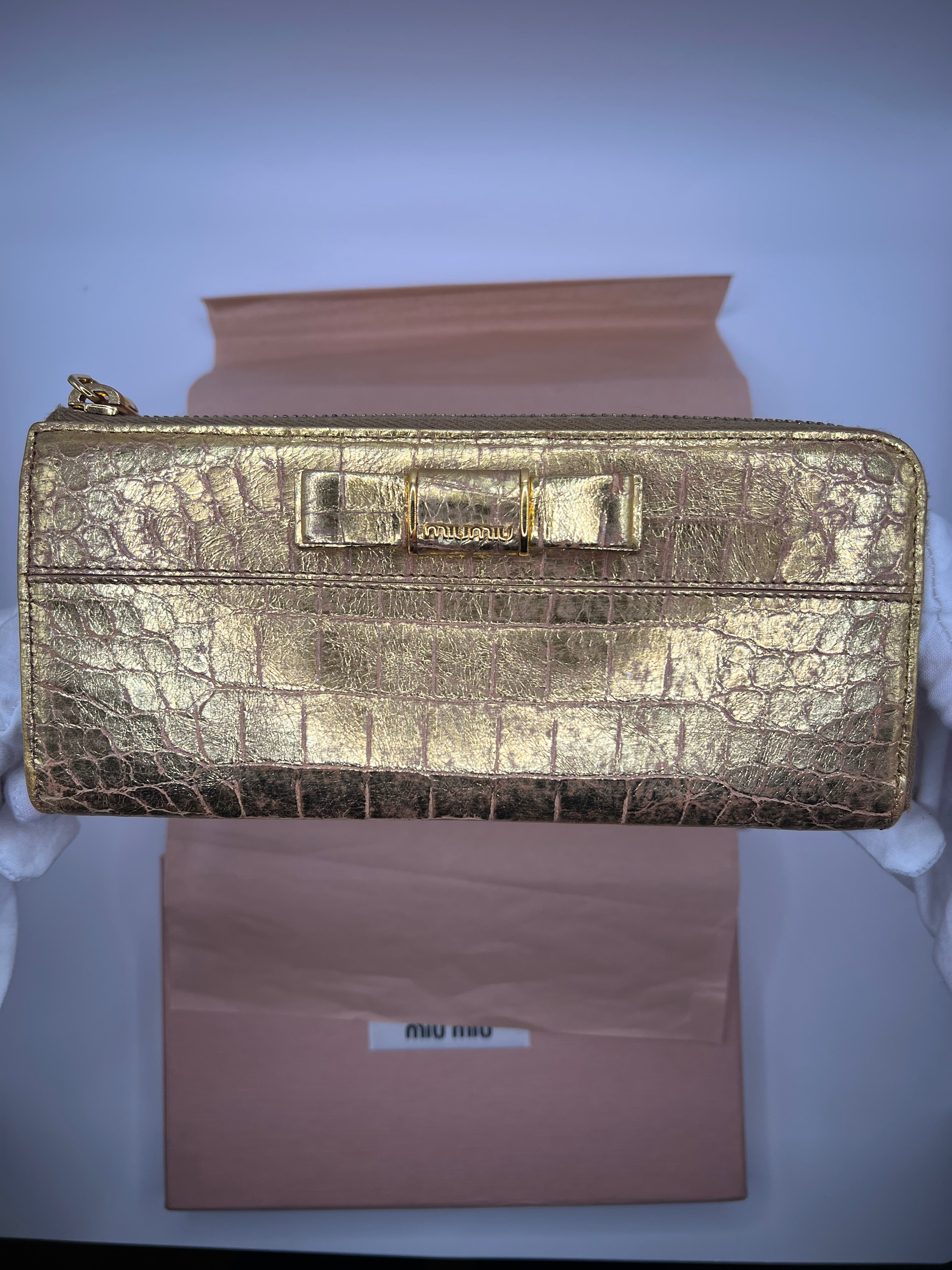 Miu Miu Gold Croc-Embossed Bow Zip Wallet