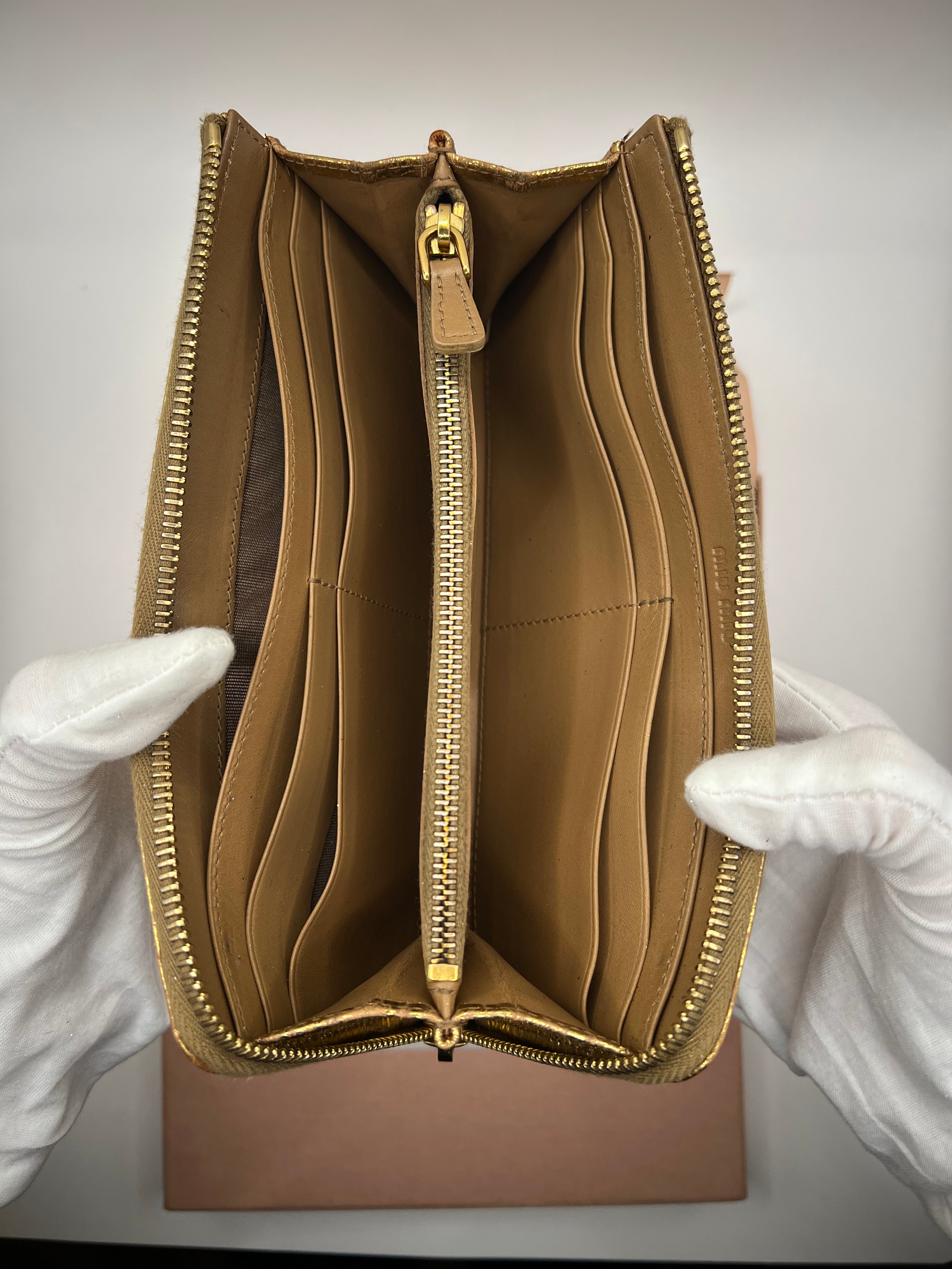 Miu Miu Gold Croc-Embossed Bow Zip Wallet