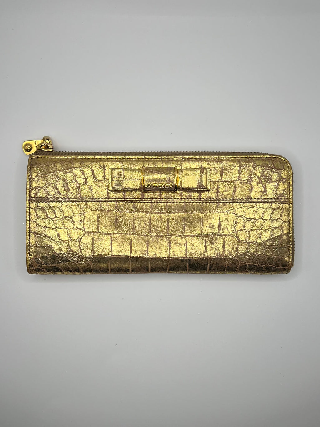 Miu Miu Gold Croc-Embossed Bow Zip Wallet
