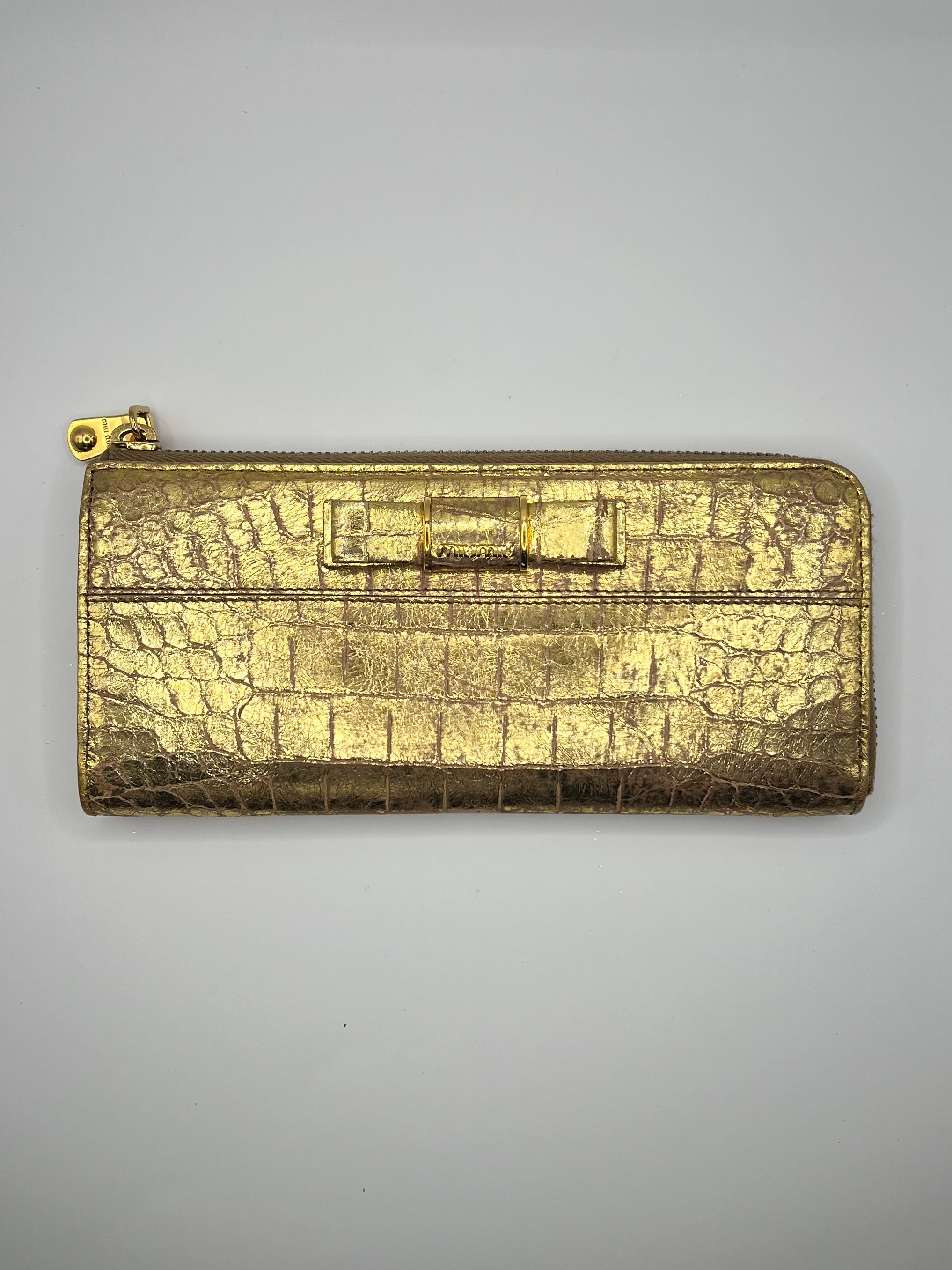Miu Miu Gold Croc-Embossed Bow Zip Wallet