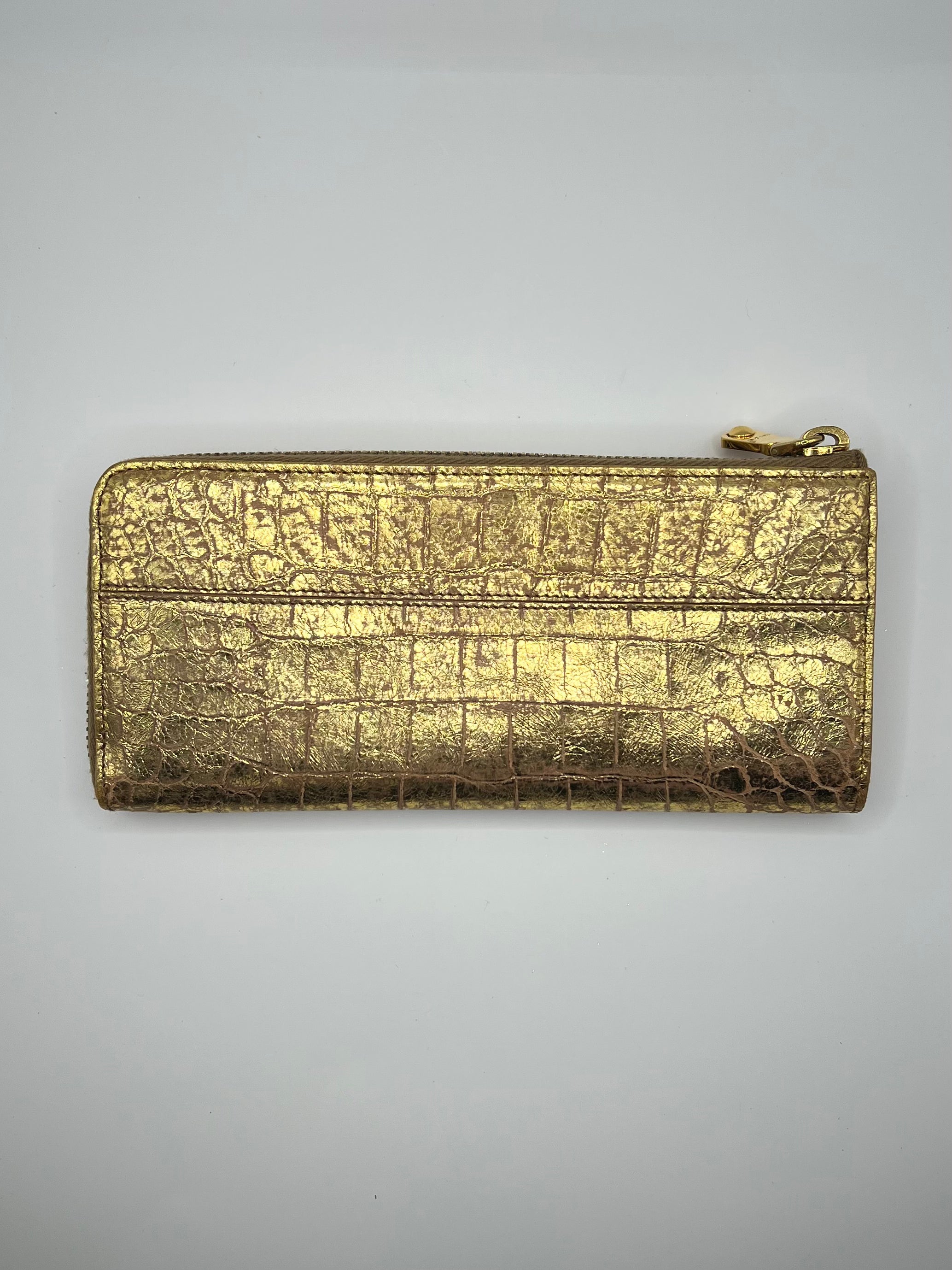 Miu Miu Gold Croc-Embossed Bow Zip Wallet