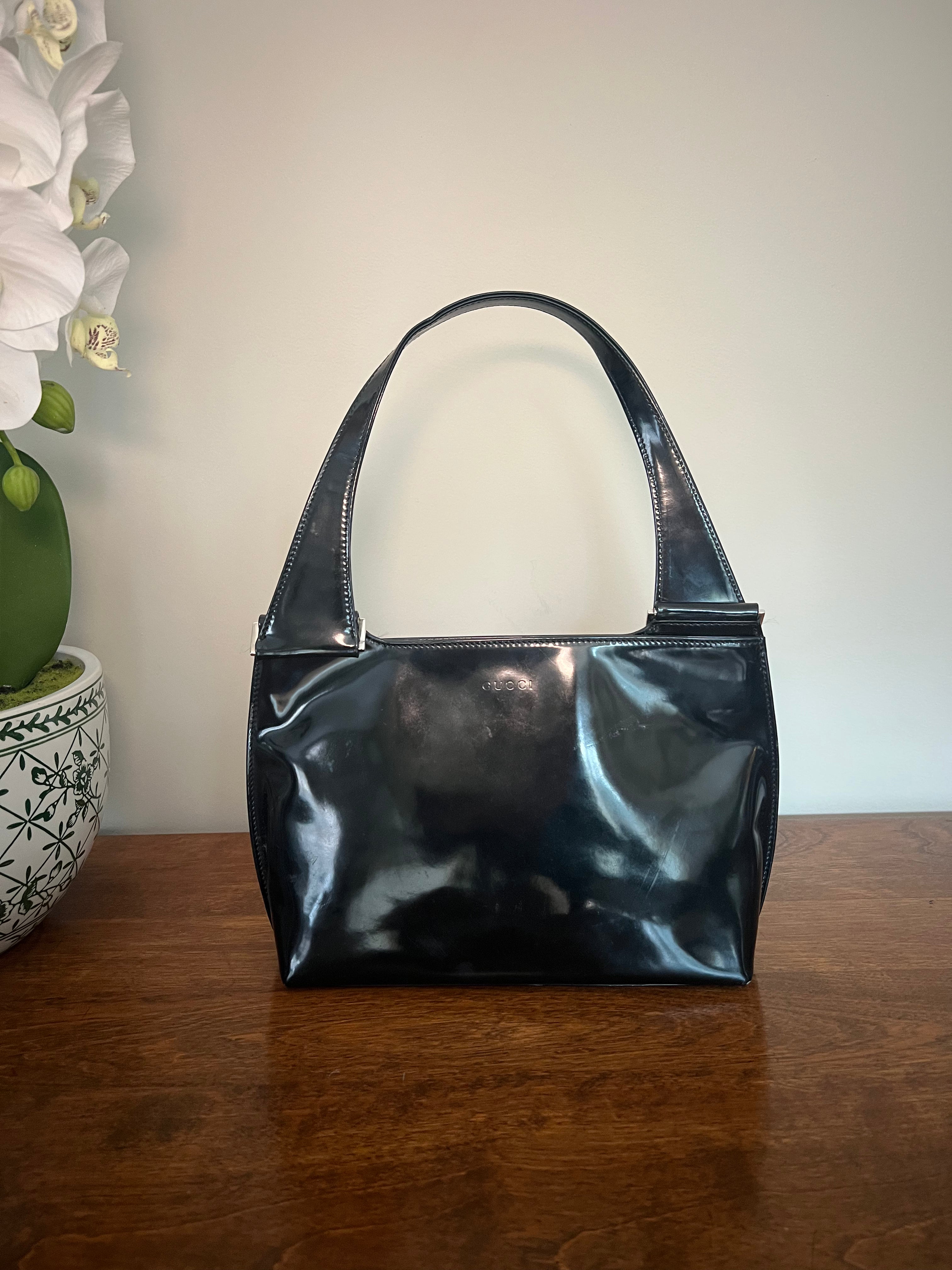 Gucci Vintage Black Patent Leather Snap-Closure Top Handle Bag