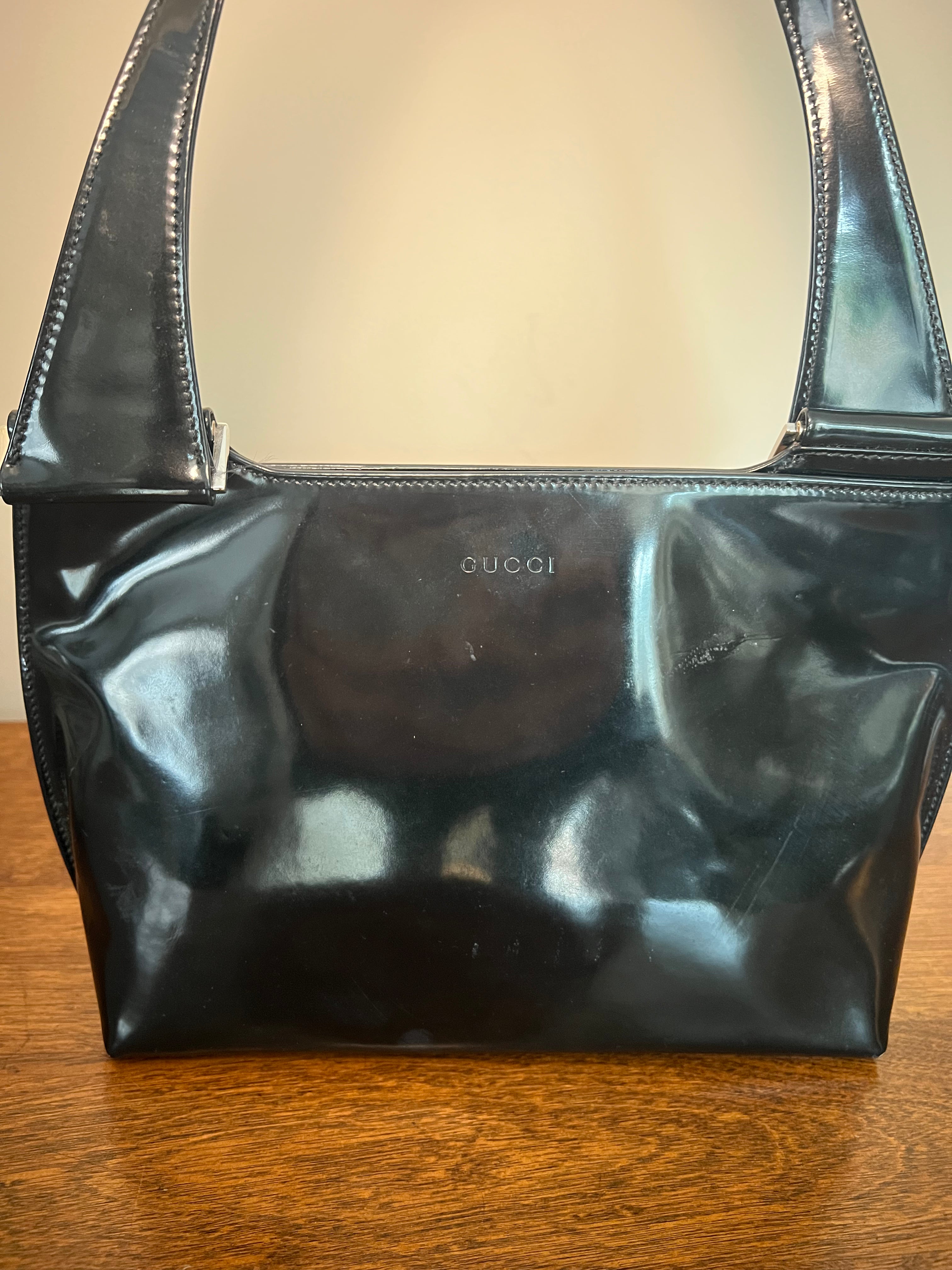 Gucci Vintage Black Patent Leather Snap-Closure Top Handle Bag
