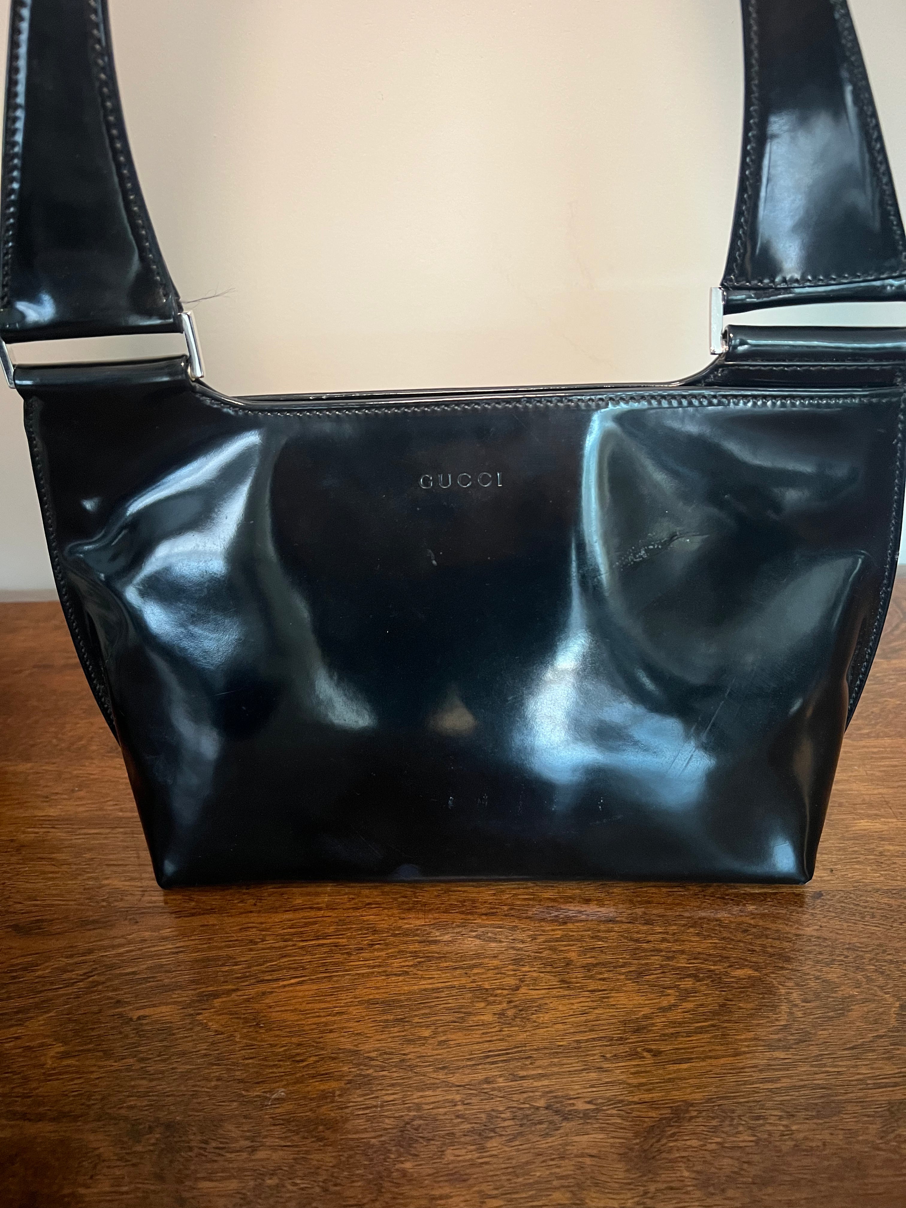 Gucci Vintage Black Patent Leather Snap-Closure Top Handle Bag