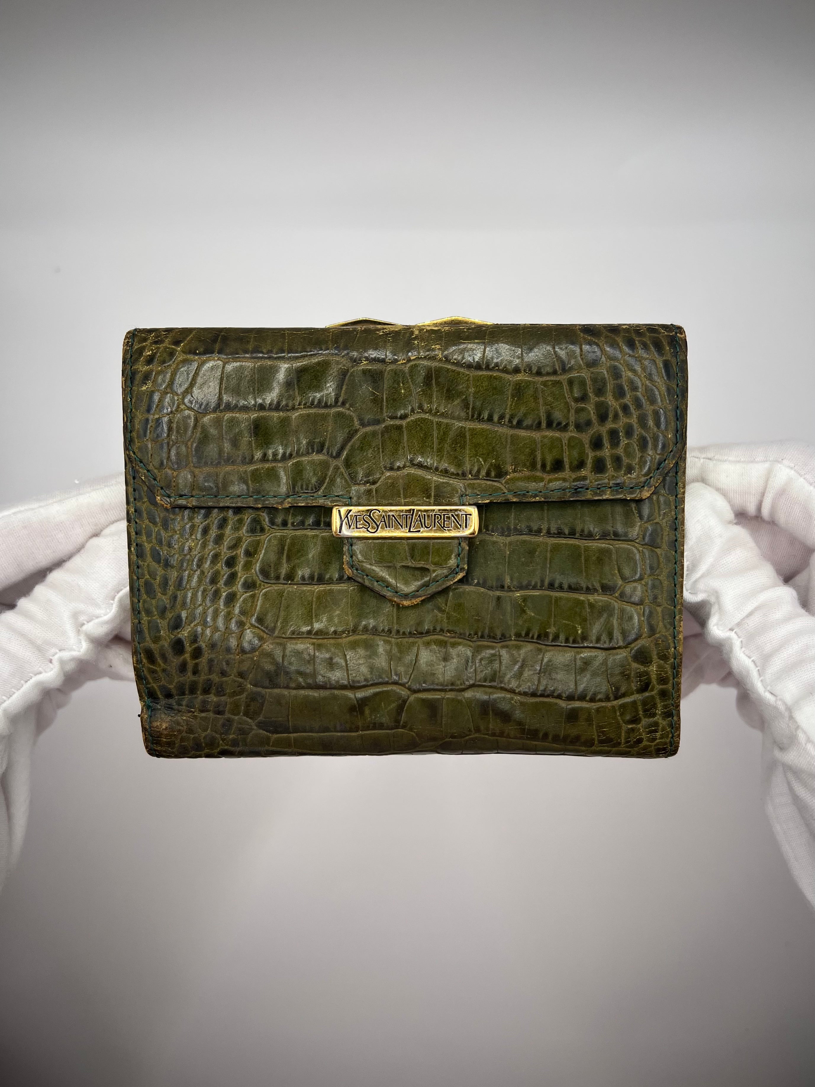 Yves Saint Laurent Olive Crocodile-Embossed Leather wallet