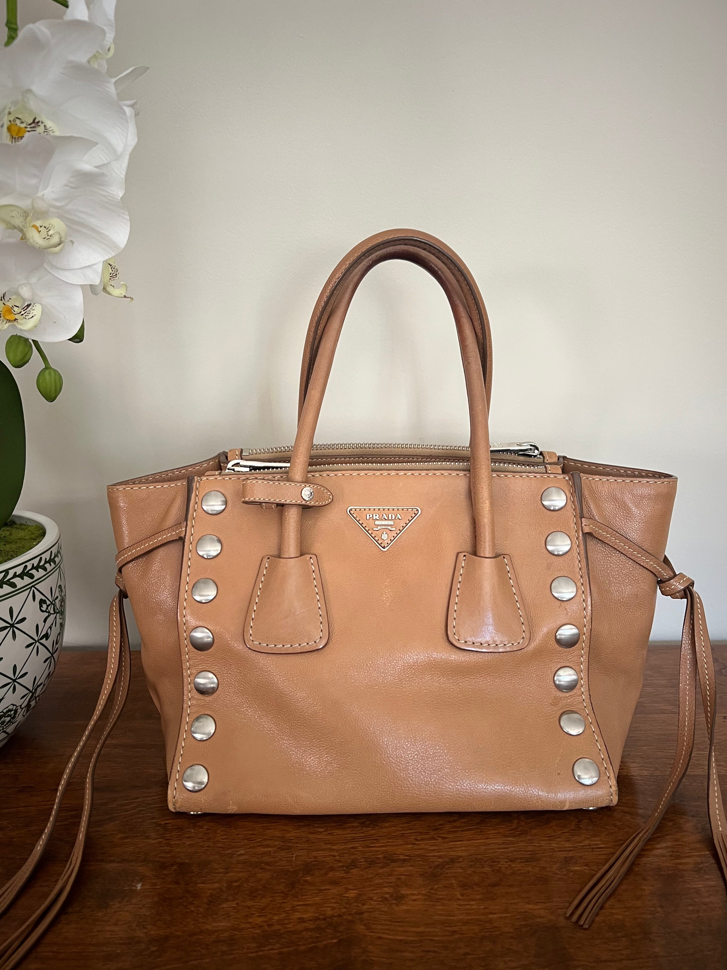 Prada Glace Calf Studded Bauletto Tote in Caramel