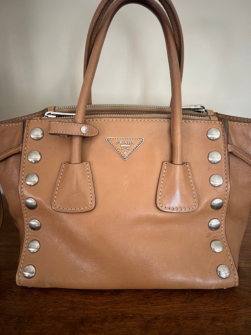 Prada Glace Calf Studded Bauletto Tote in Caramel