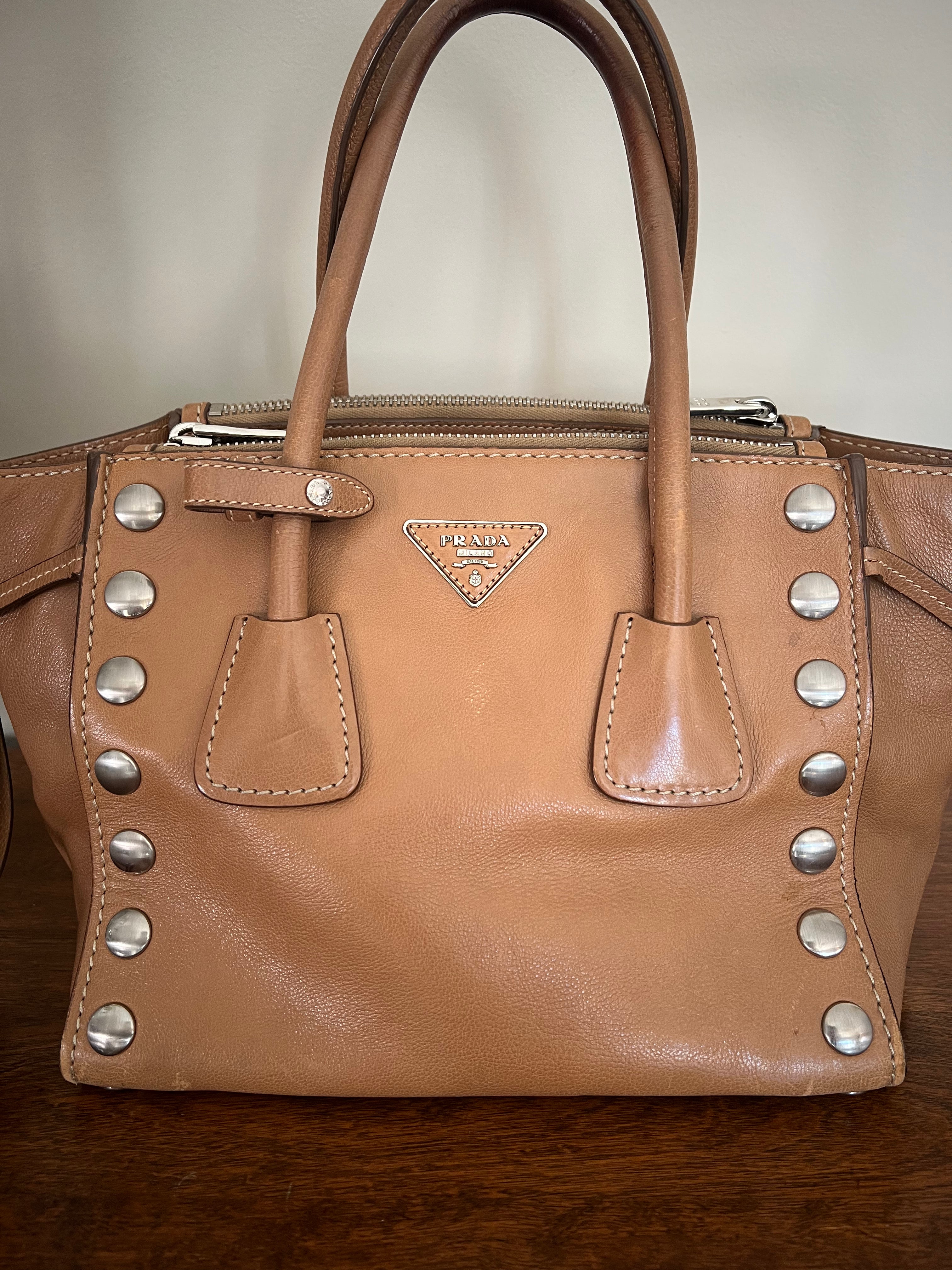 Prada Glace Calf Studded Bauletto Tote in Caramel