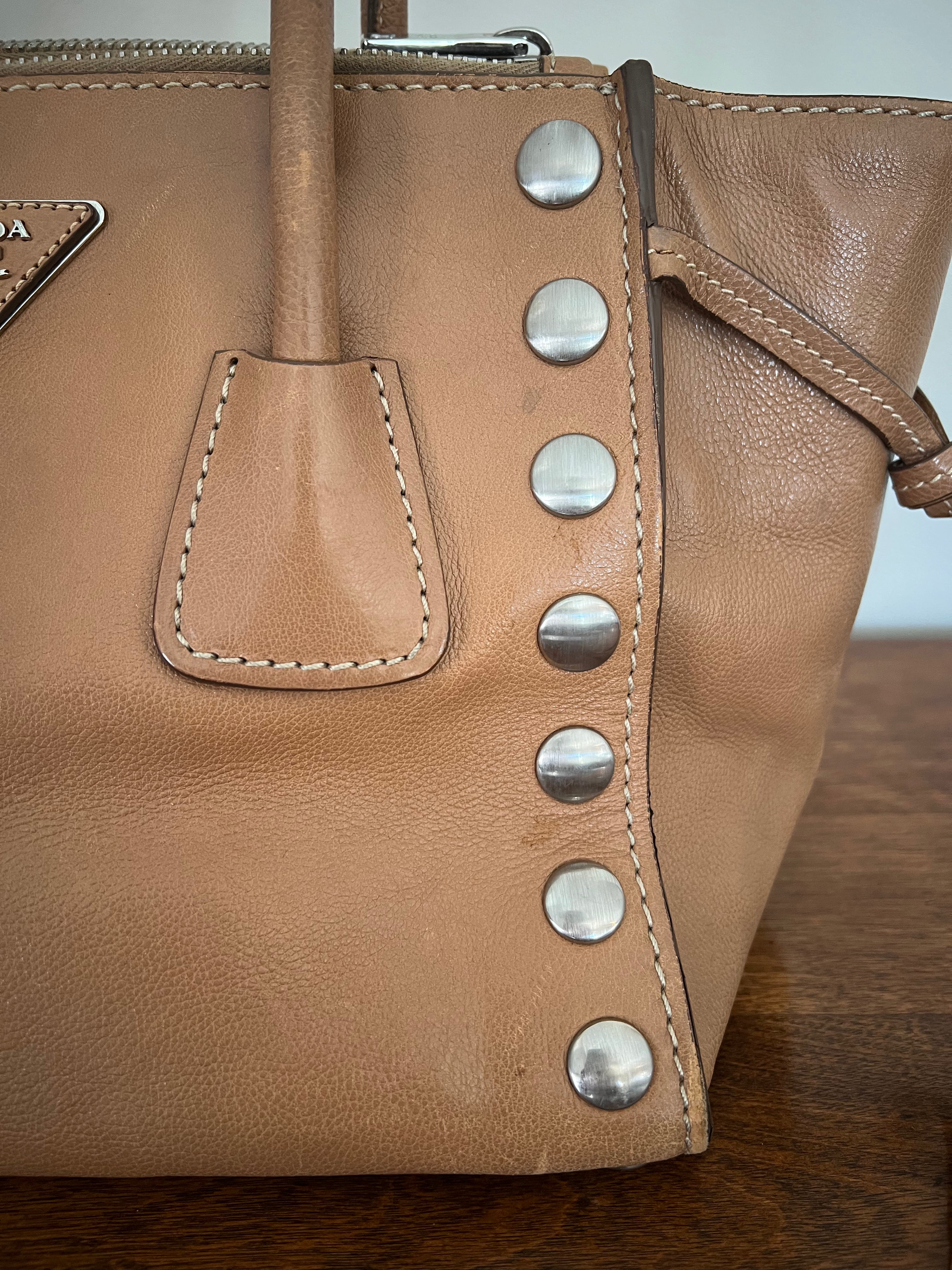 Prada Glace Calf Studded Bauletto Tote in Caramel