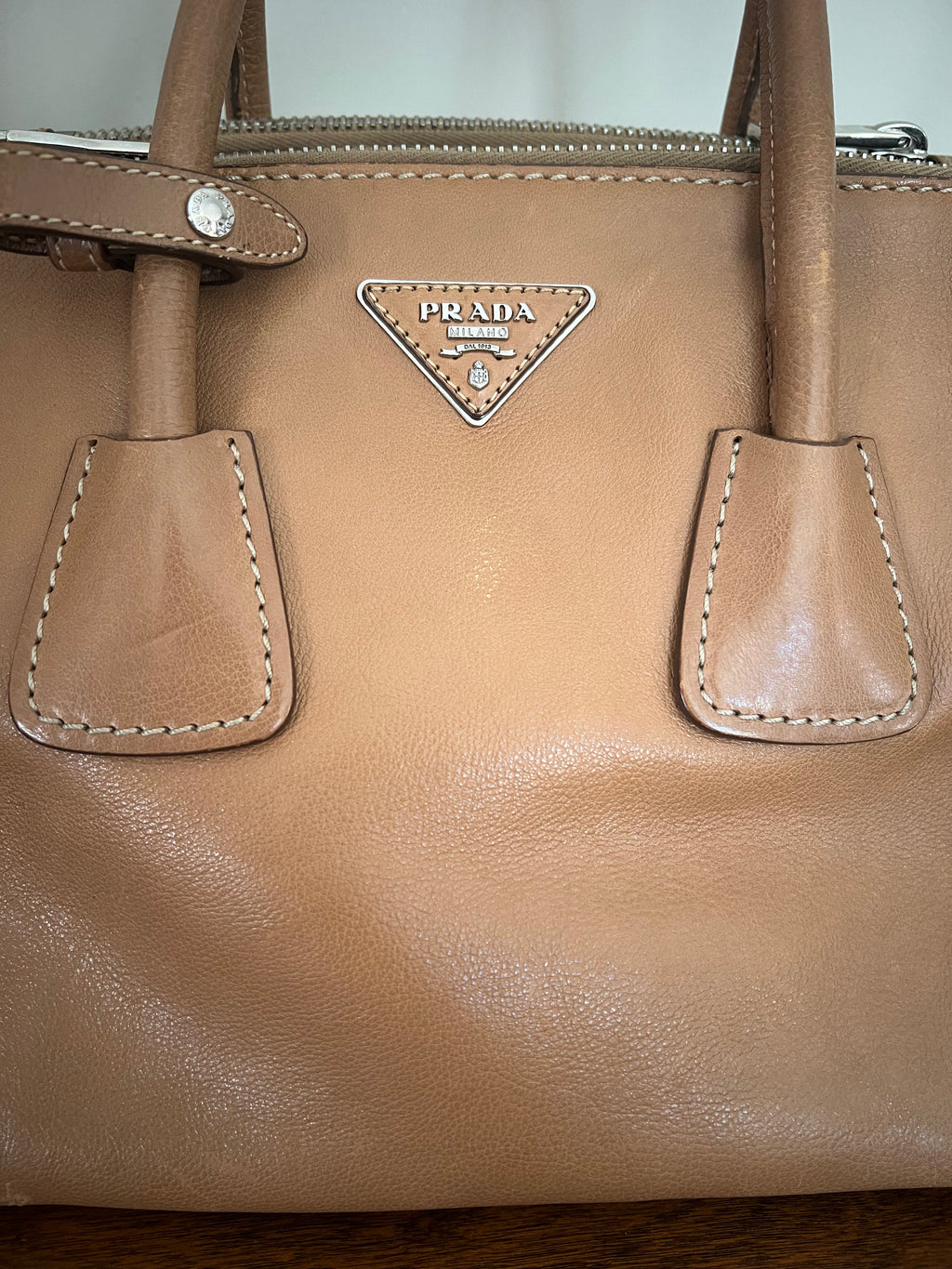 Prada Glace Calf Studded Bauletto Tote in Caramel