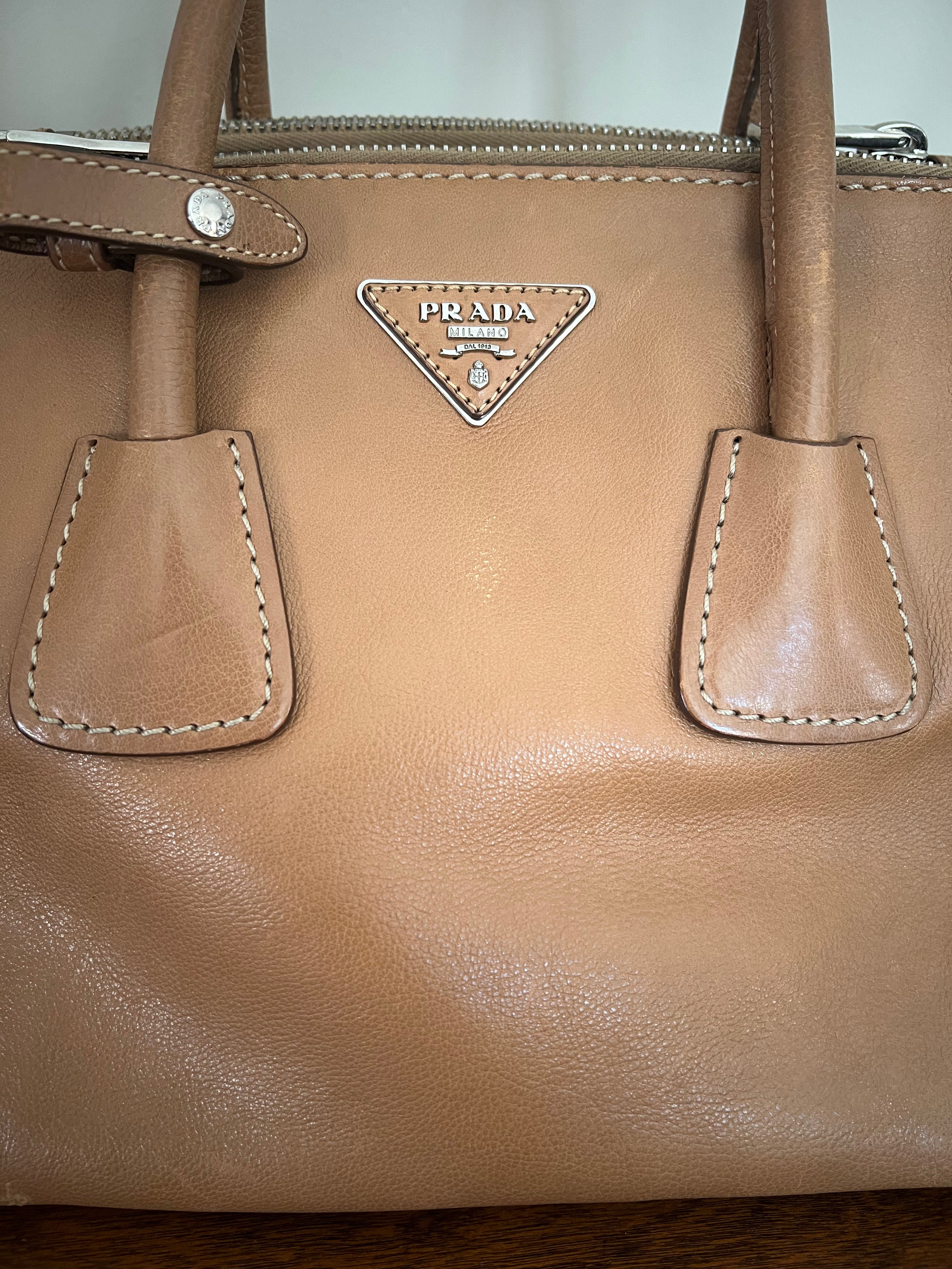 Prada Glace Calf Studded Bauletto Tote in Caramel