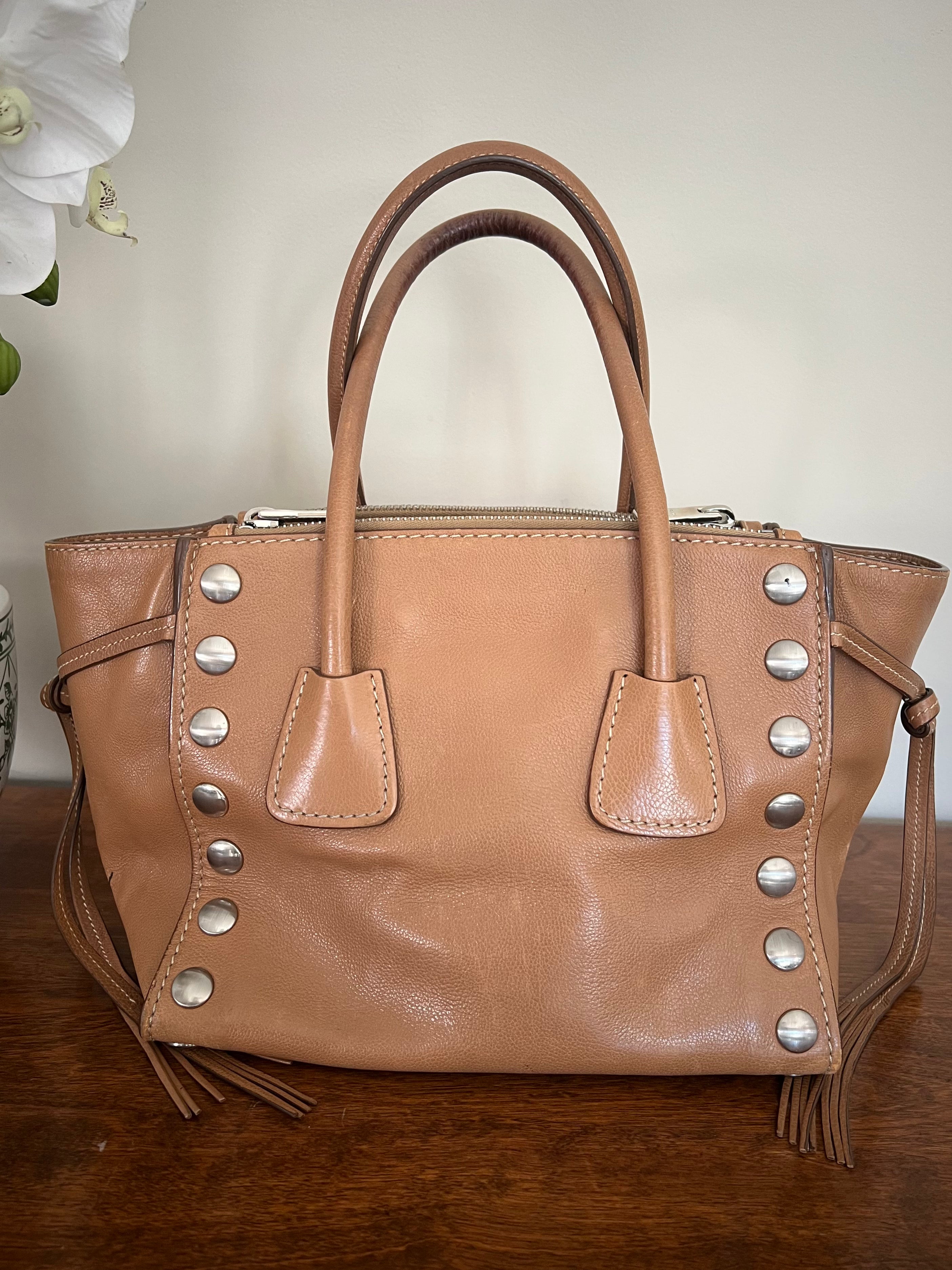Prada Glace Calf Studded Bauletto Tote in Caramel