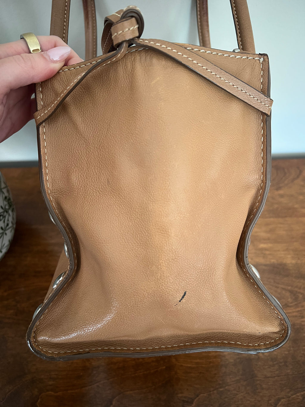 Prada Glace Calf Studded Bauletto Tote in Caramel