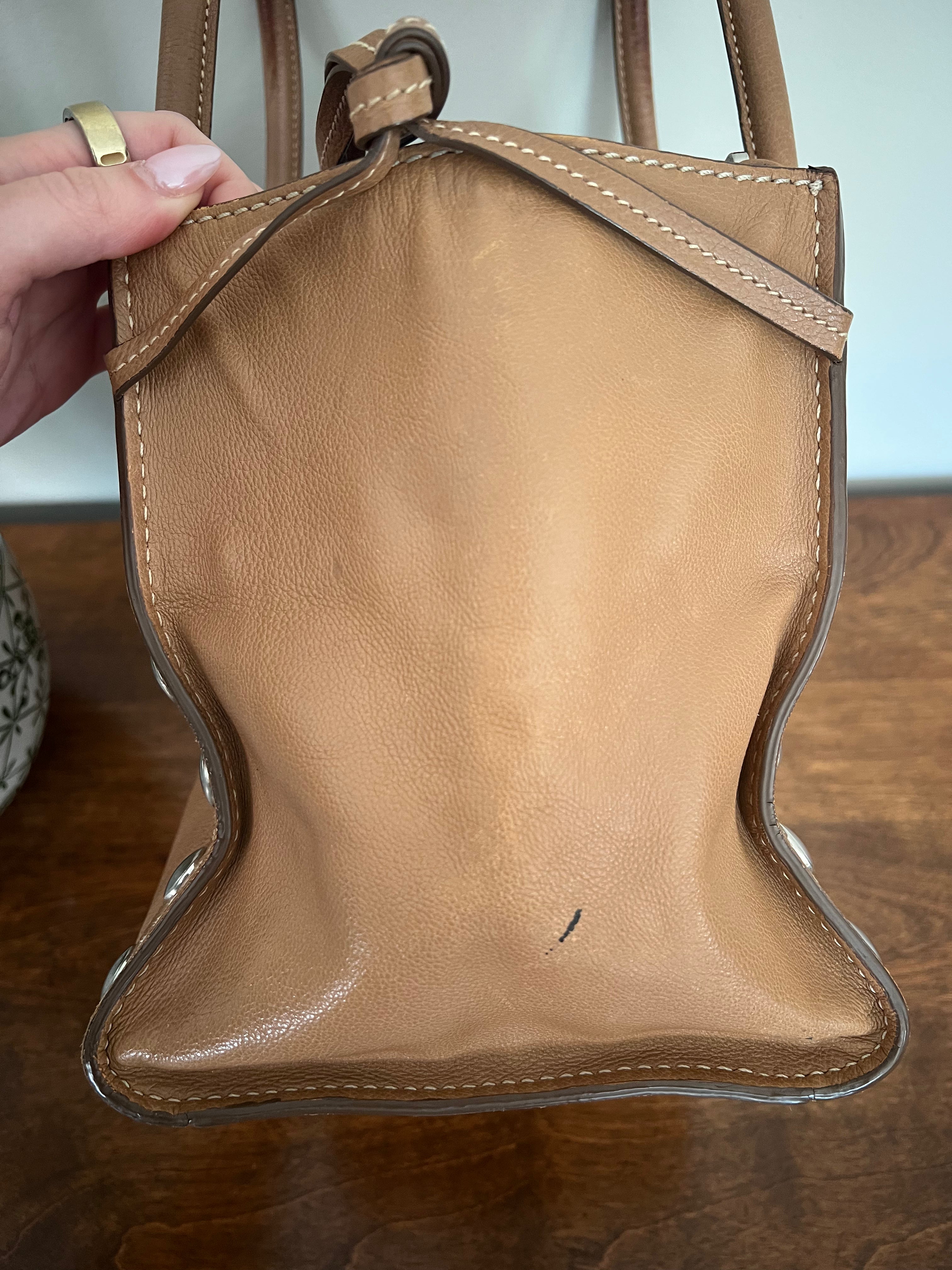 Prada Glace Calf Studded Bauletto Tote in Caramel