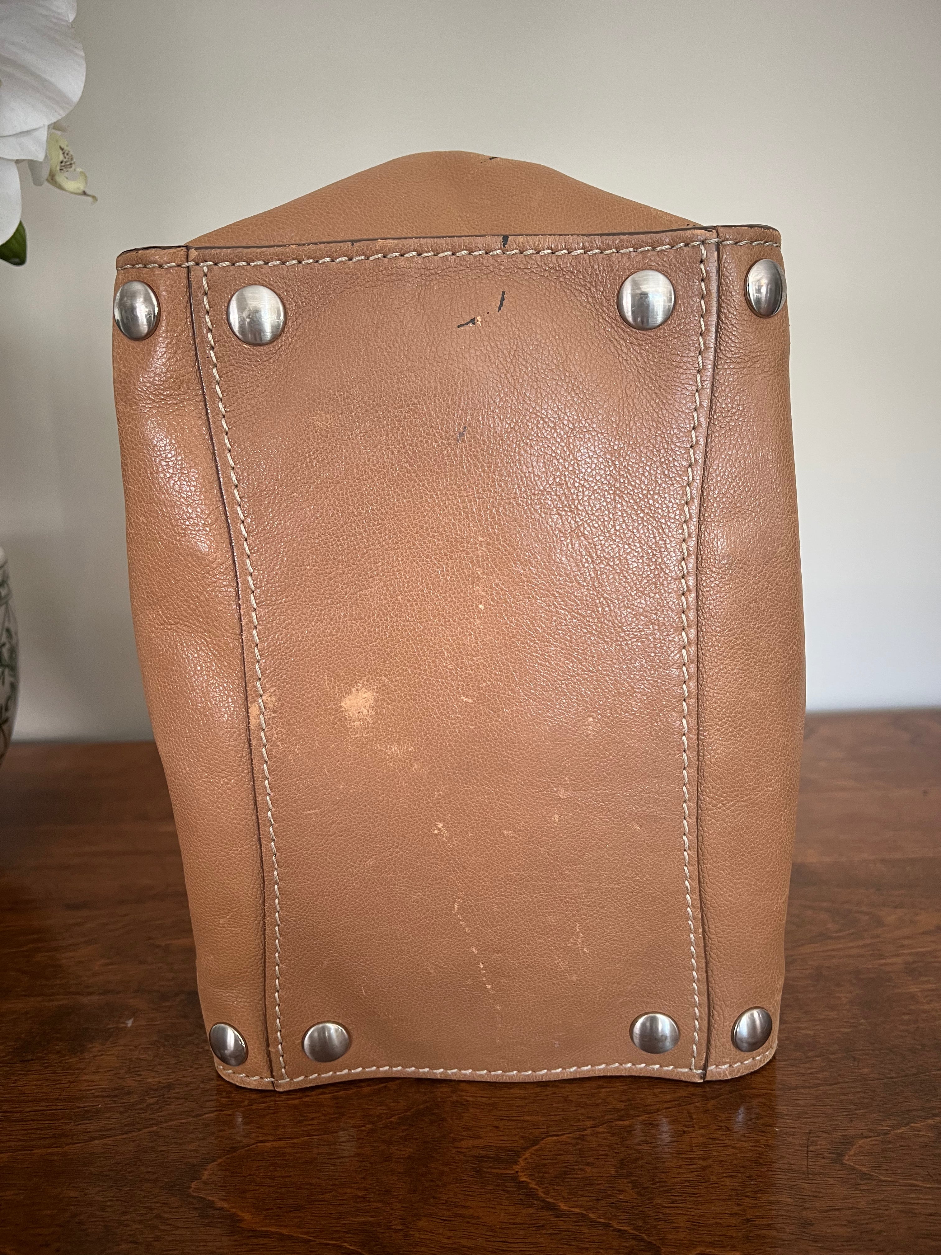 Prada Glace Calf Studded Bauletto Tote in Caramel