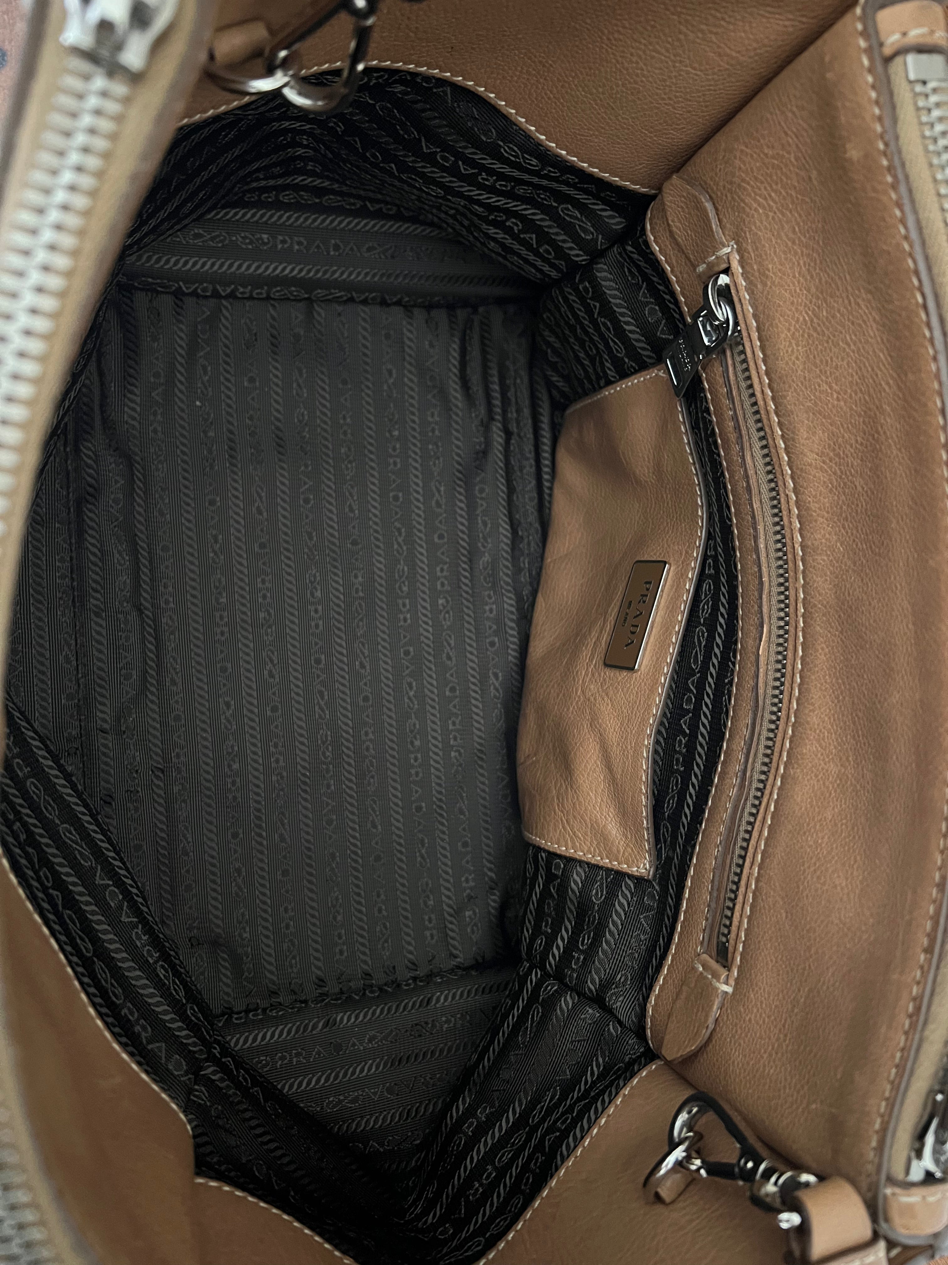 Prada Glace Calf Studded Bauletto Tote in Caramel