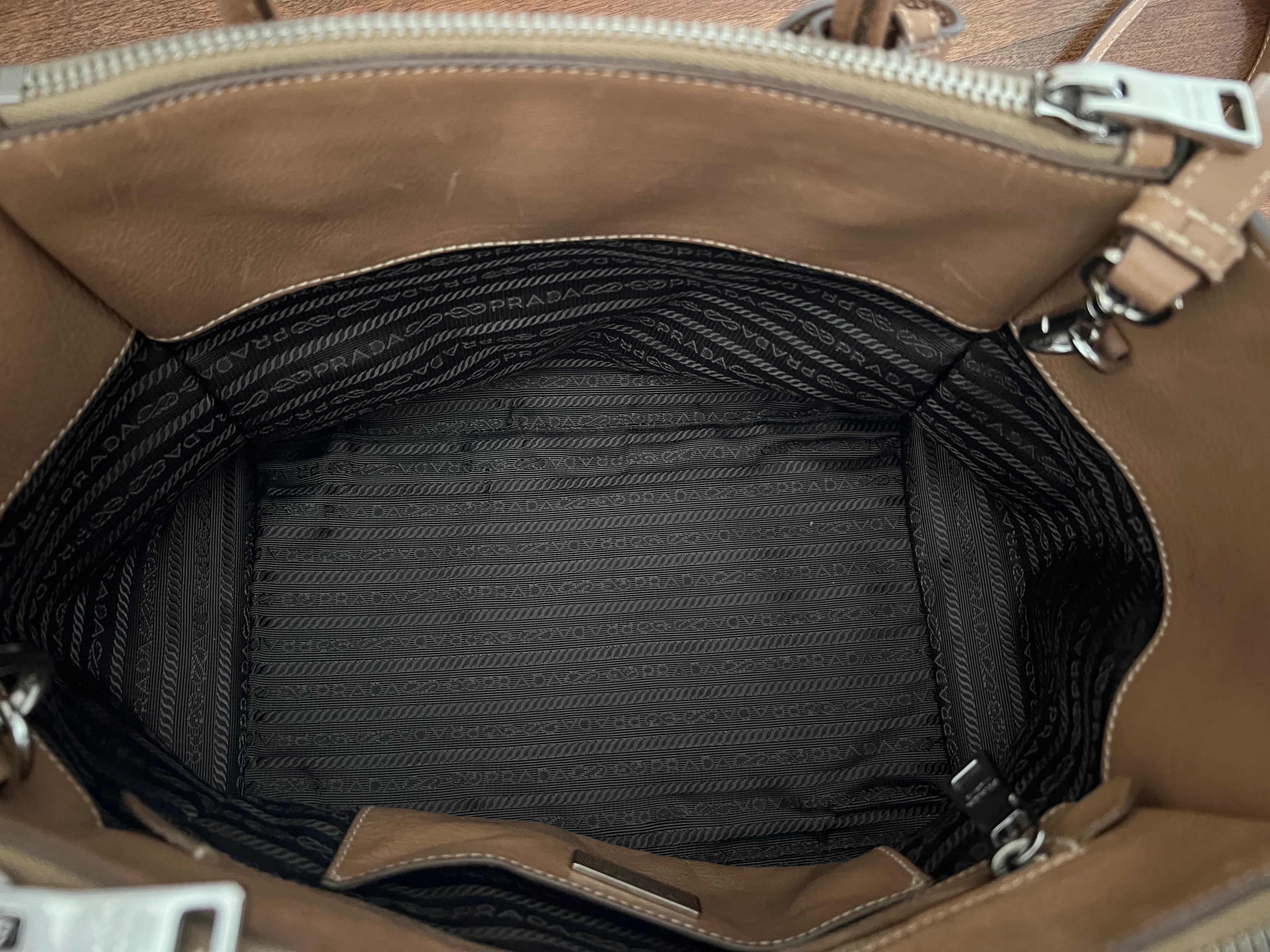 Prada Glace Calf Studded Bauletto Tote in Caramel
