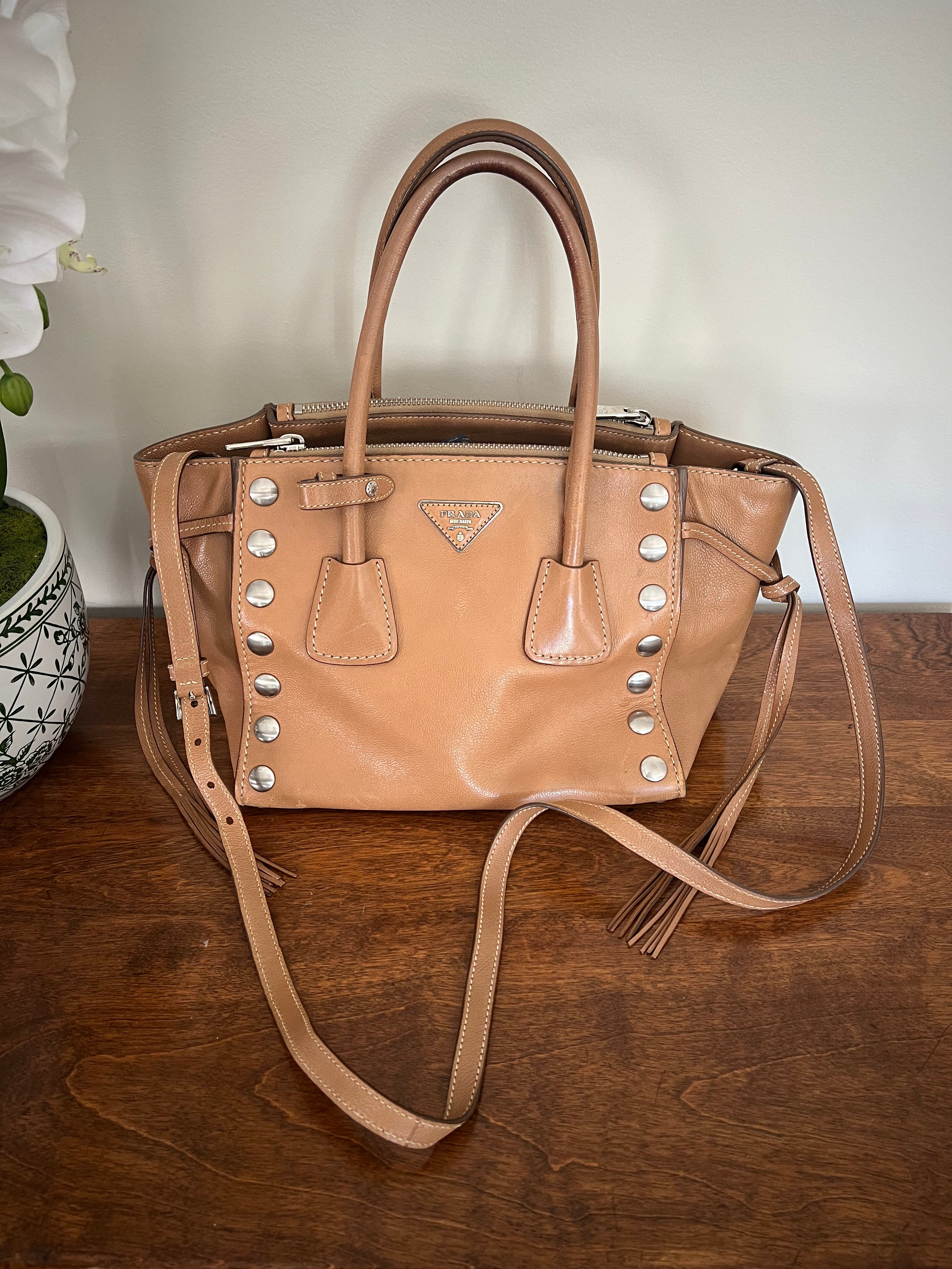 Prada Glace Calf Studded Bauletto Tote in Caramel