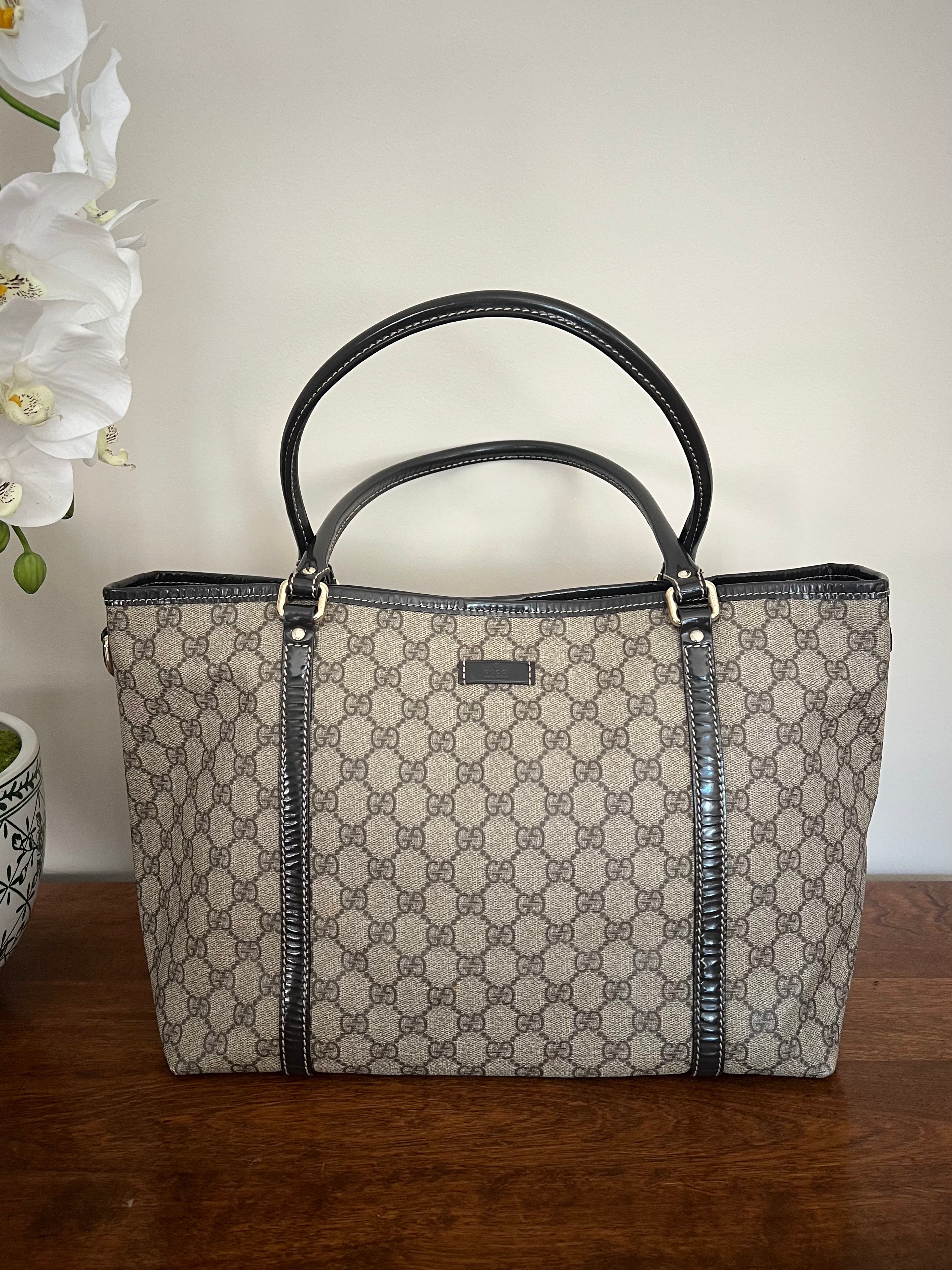 Gucci GG Canvas Tote with Brown Patent Leather Trim