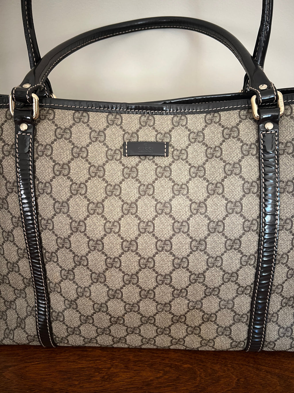 Gucci GG Canvas Tote with Brown Patent Leather Trim