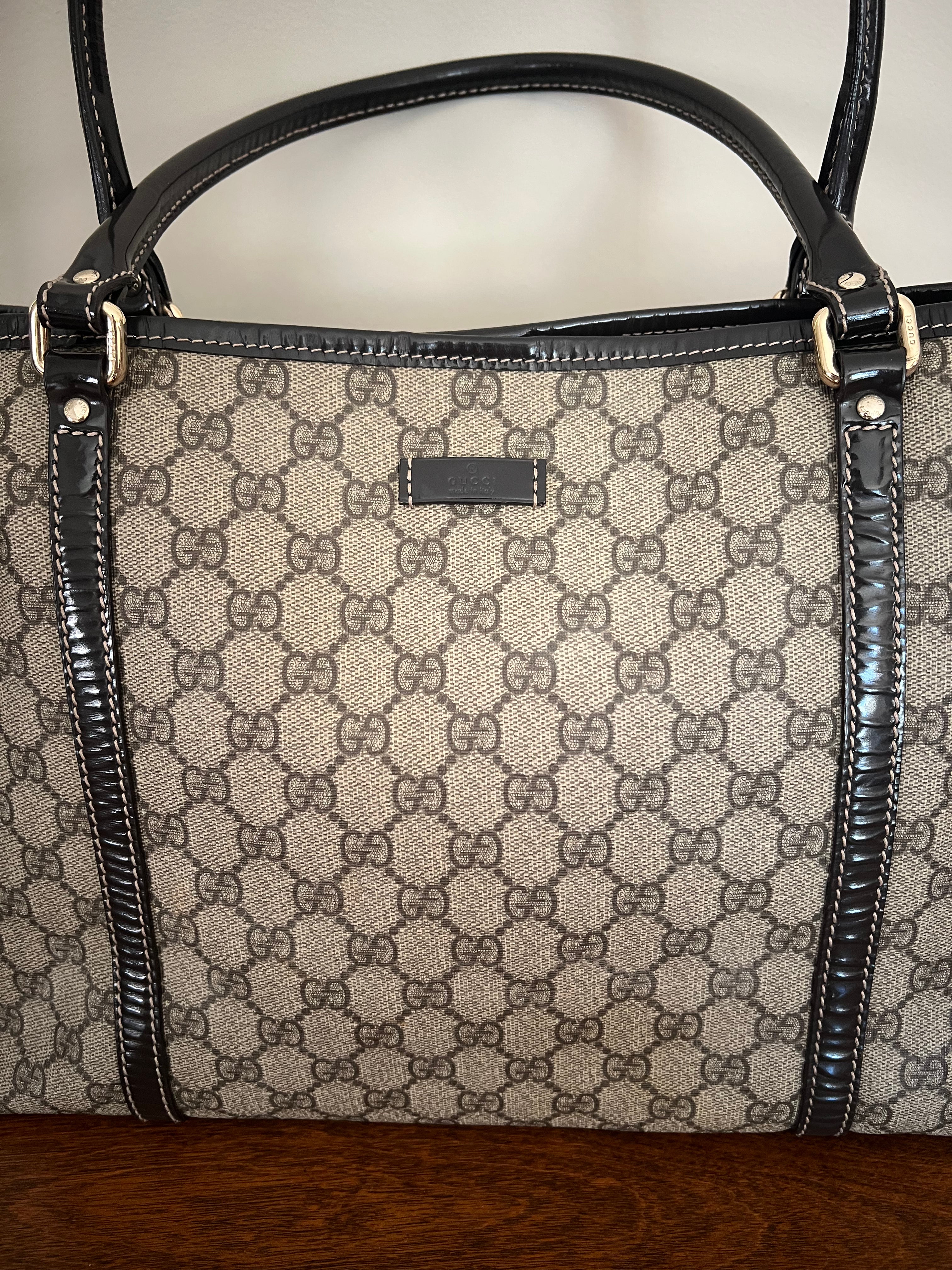 Gucci GG Canvas Tote with Brown Patent Leather Trim