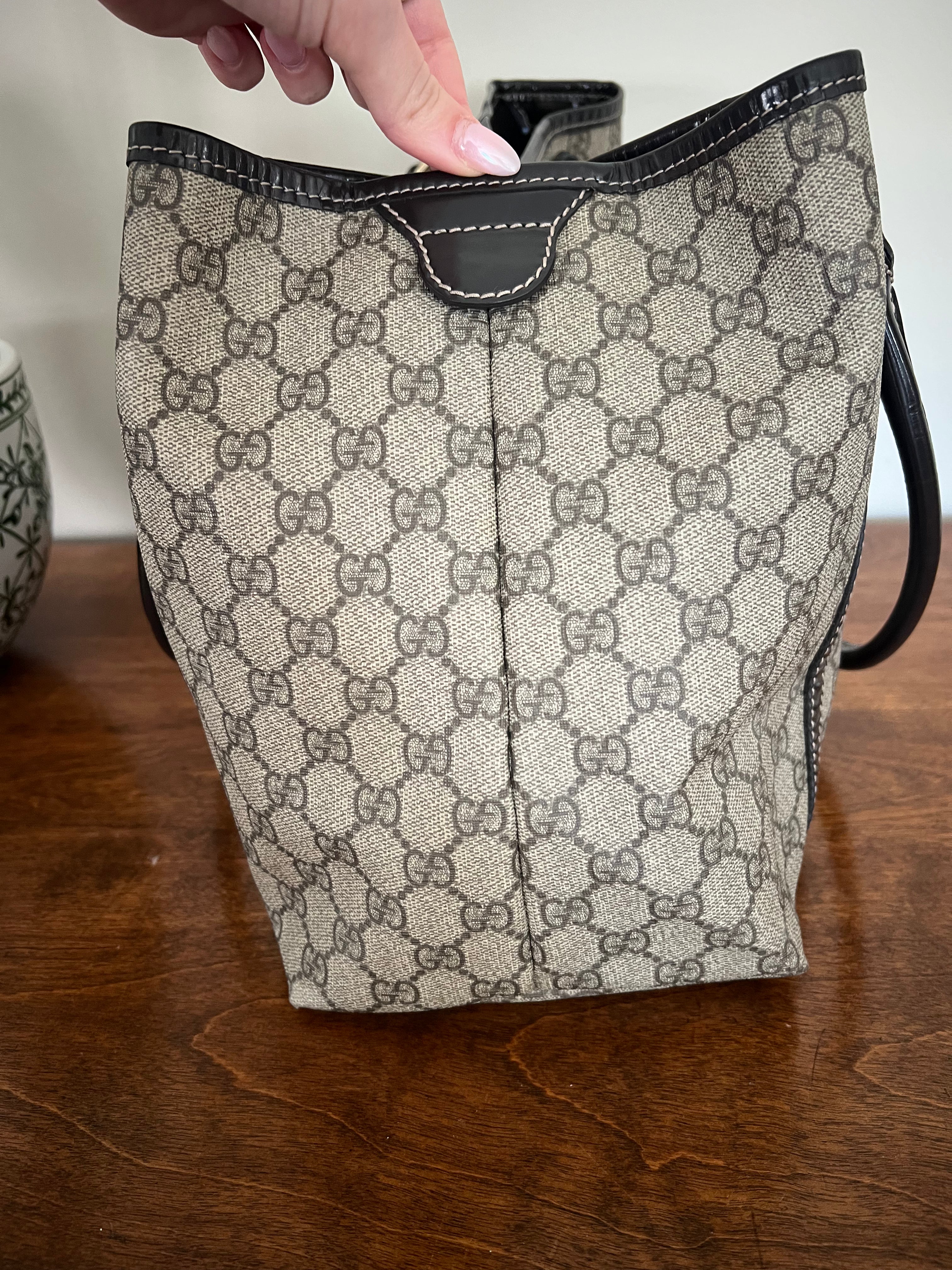 Gucci GG Canvas Tote with Brown Patent Leather Trim