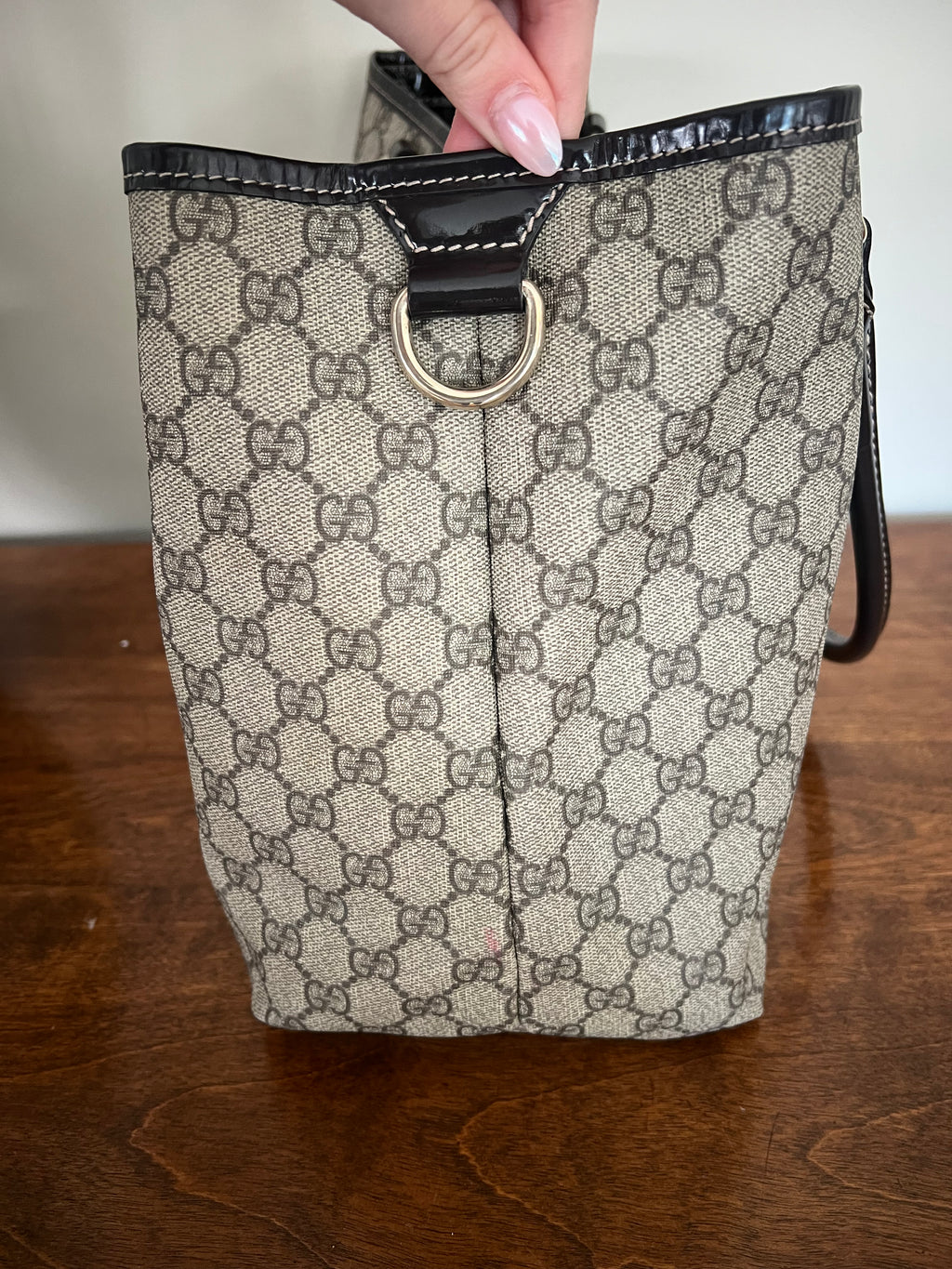Gucci GG Canvas Tote with Brown Patent Leather Trim