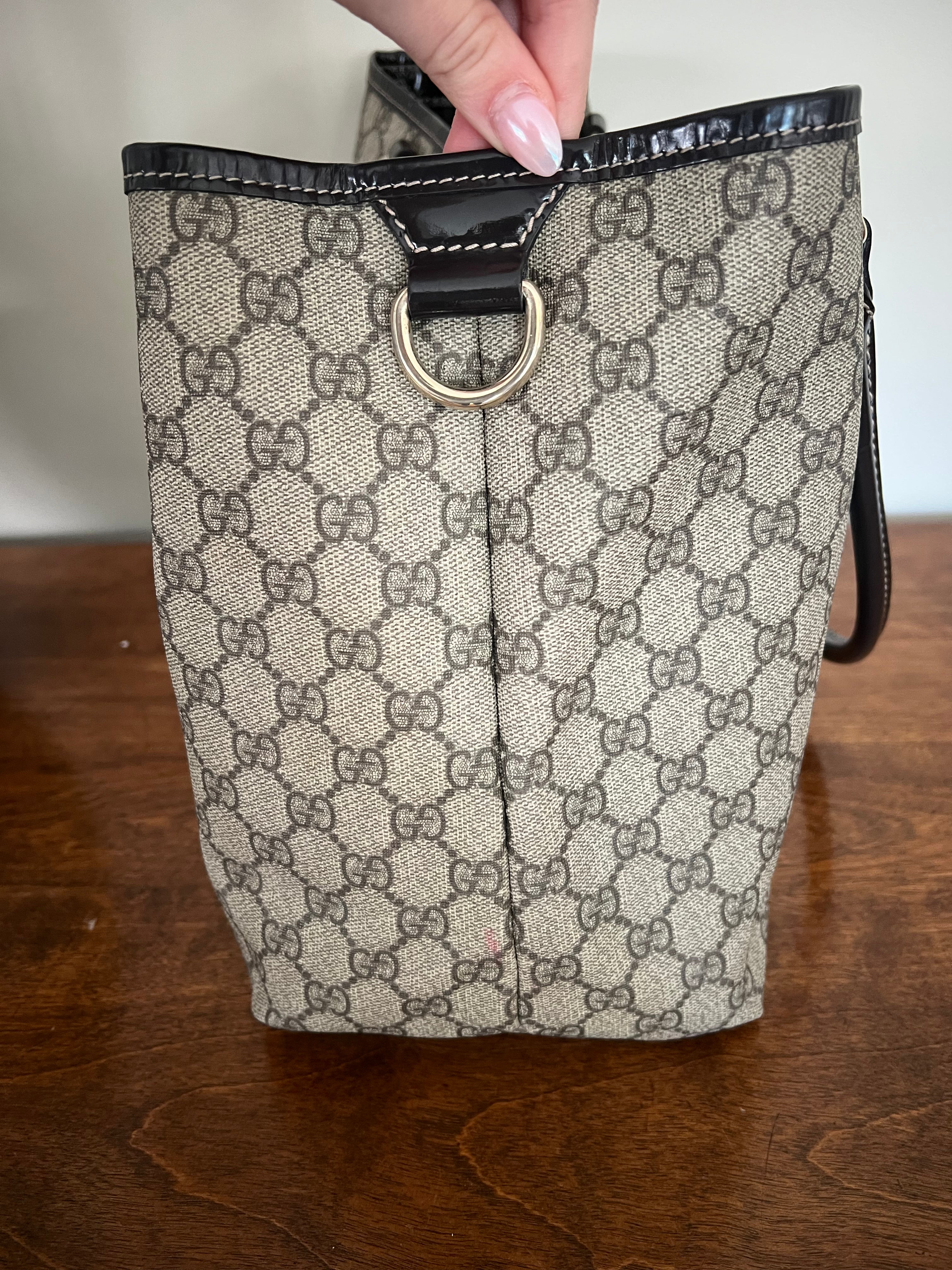 Gucci GG Canvas Tote with Brown Patent Leather Trim