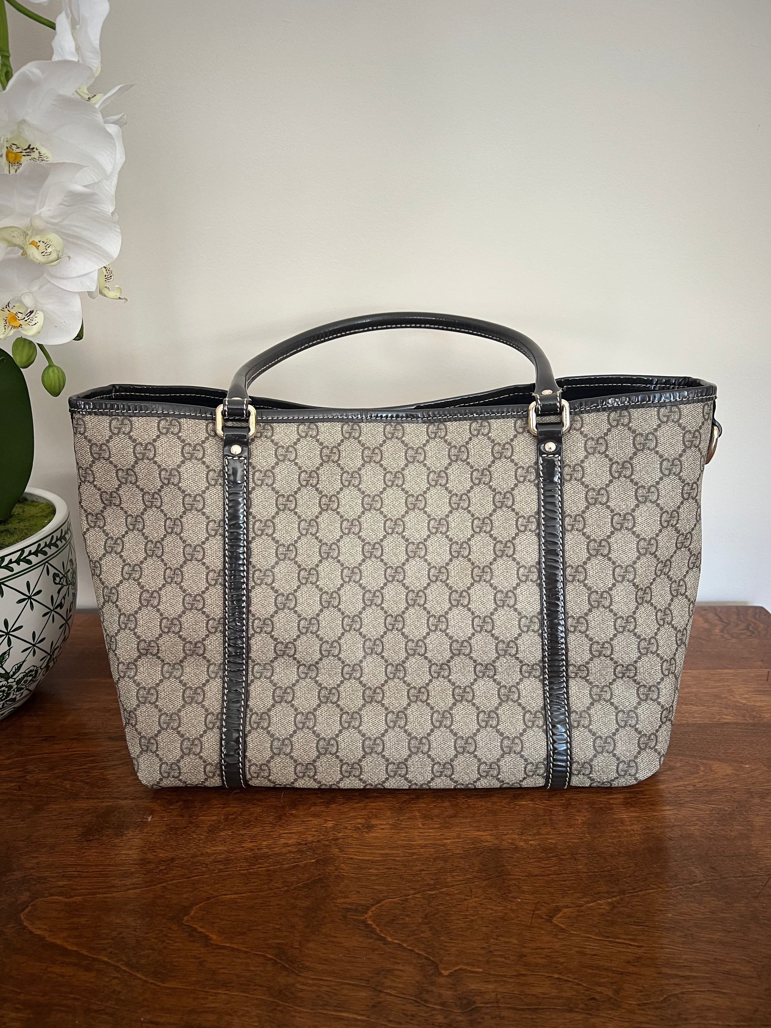 Gucci GG Canvas Tote with Brown Patent Leather Trim