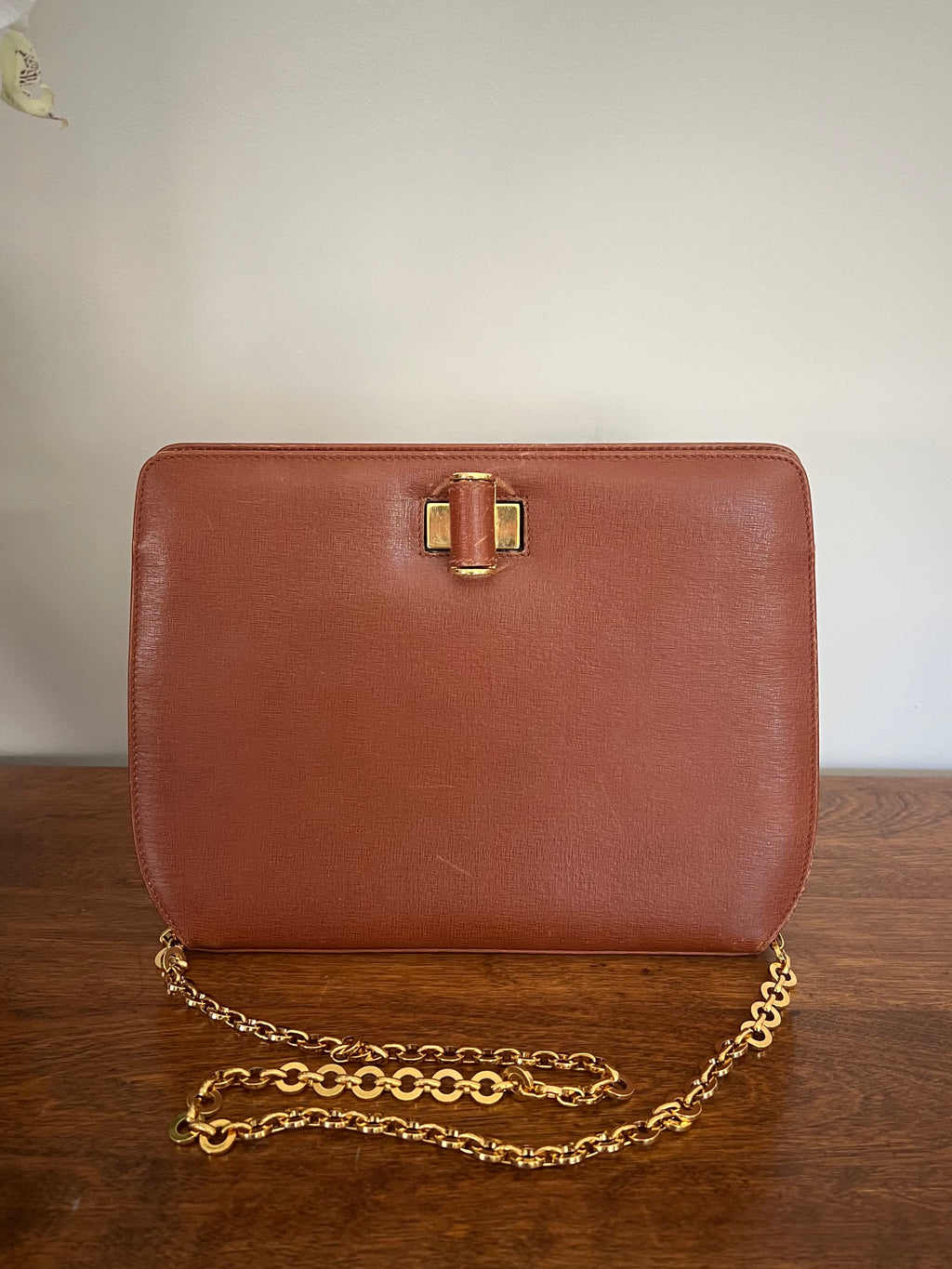 Salvatore Ferragamo Vintage Vara Chain Shoulder Bag – Brown Saffiano Leather