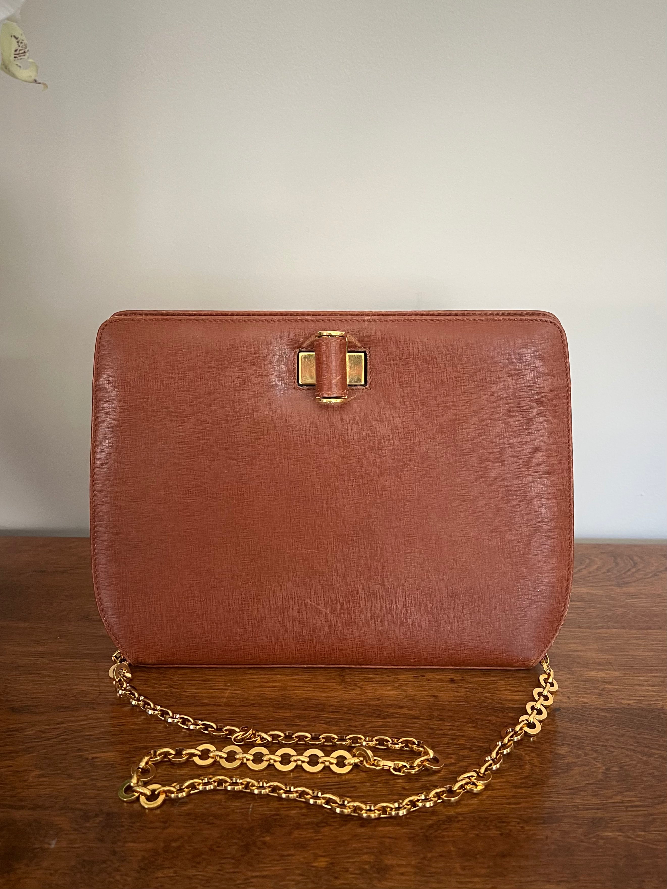 Salvatore Ferragamo Vintage Vara Chain Shoulder Bag – Brown Saffiano Leather