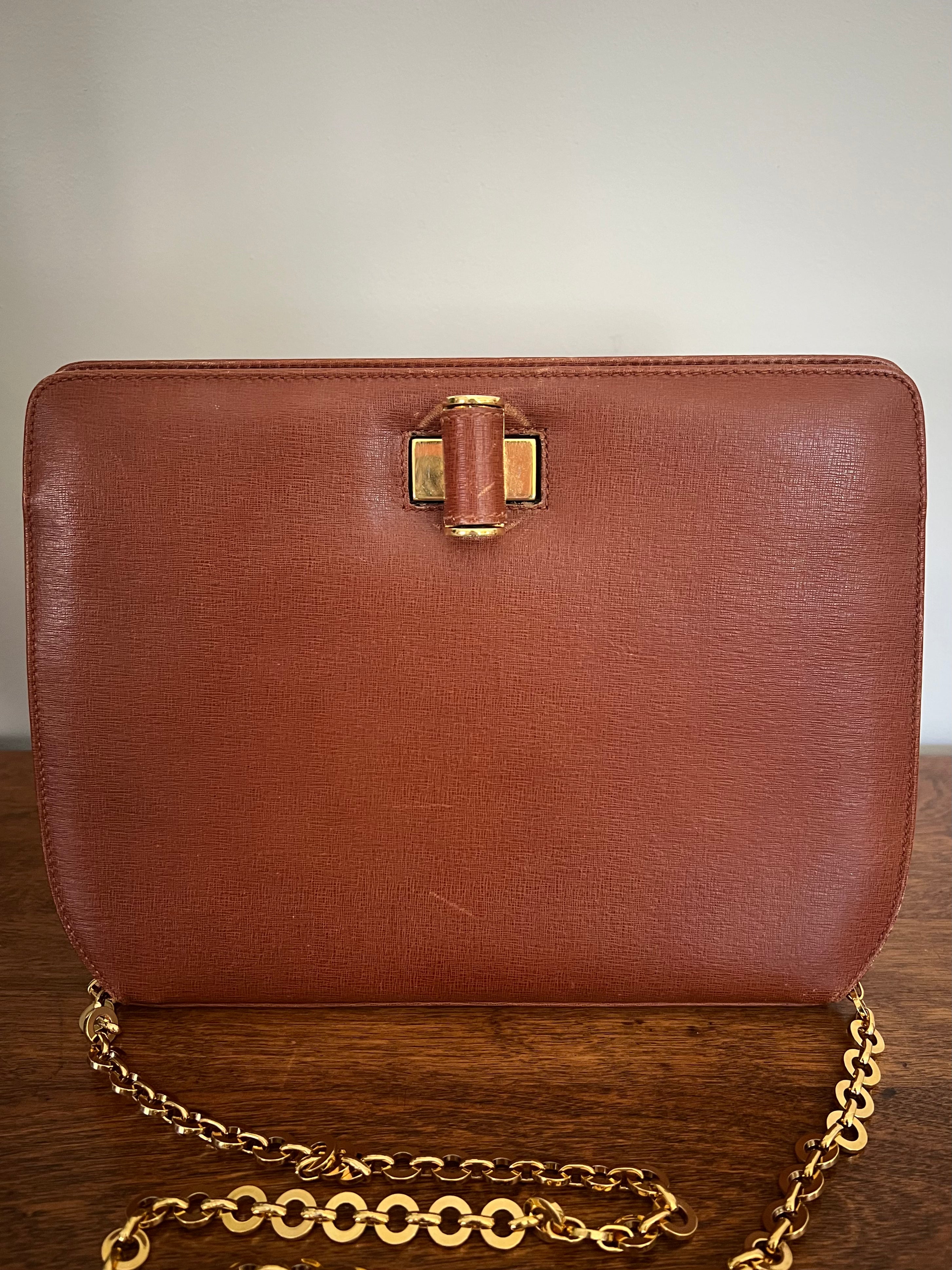 Salvatore Ferragamo Vintage Vara Chain Shoulder Bag – Brown Saffiano Leather